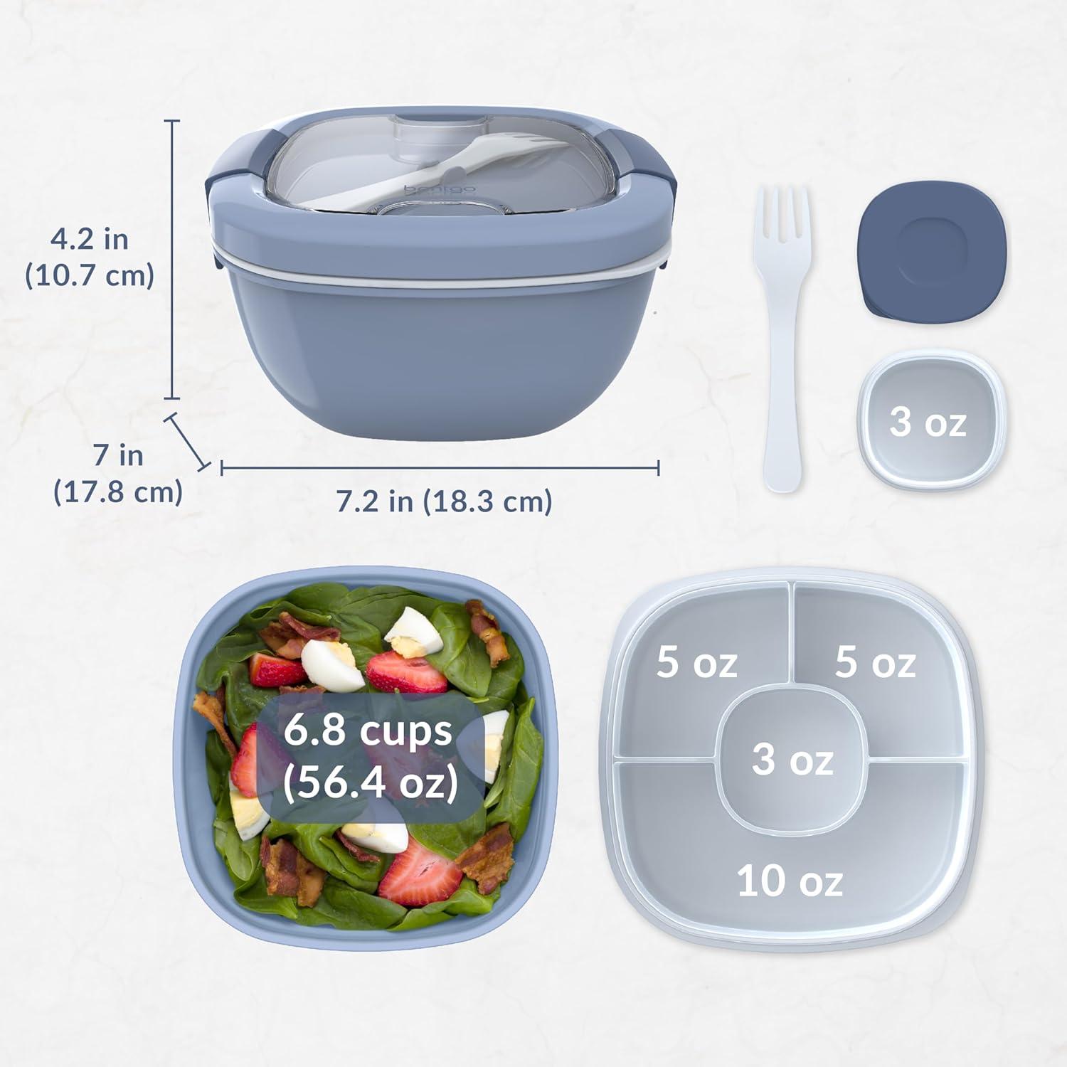imageBentgo Salad Container 54 oz Bowl with 4Compartment Toppings Tray LeakProof Dressing Container Reusable Fork BPAFree Lunch Box for Meal Prep amp Food Storage Removable Bento Tray GraySlate