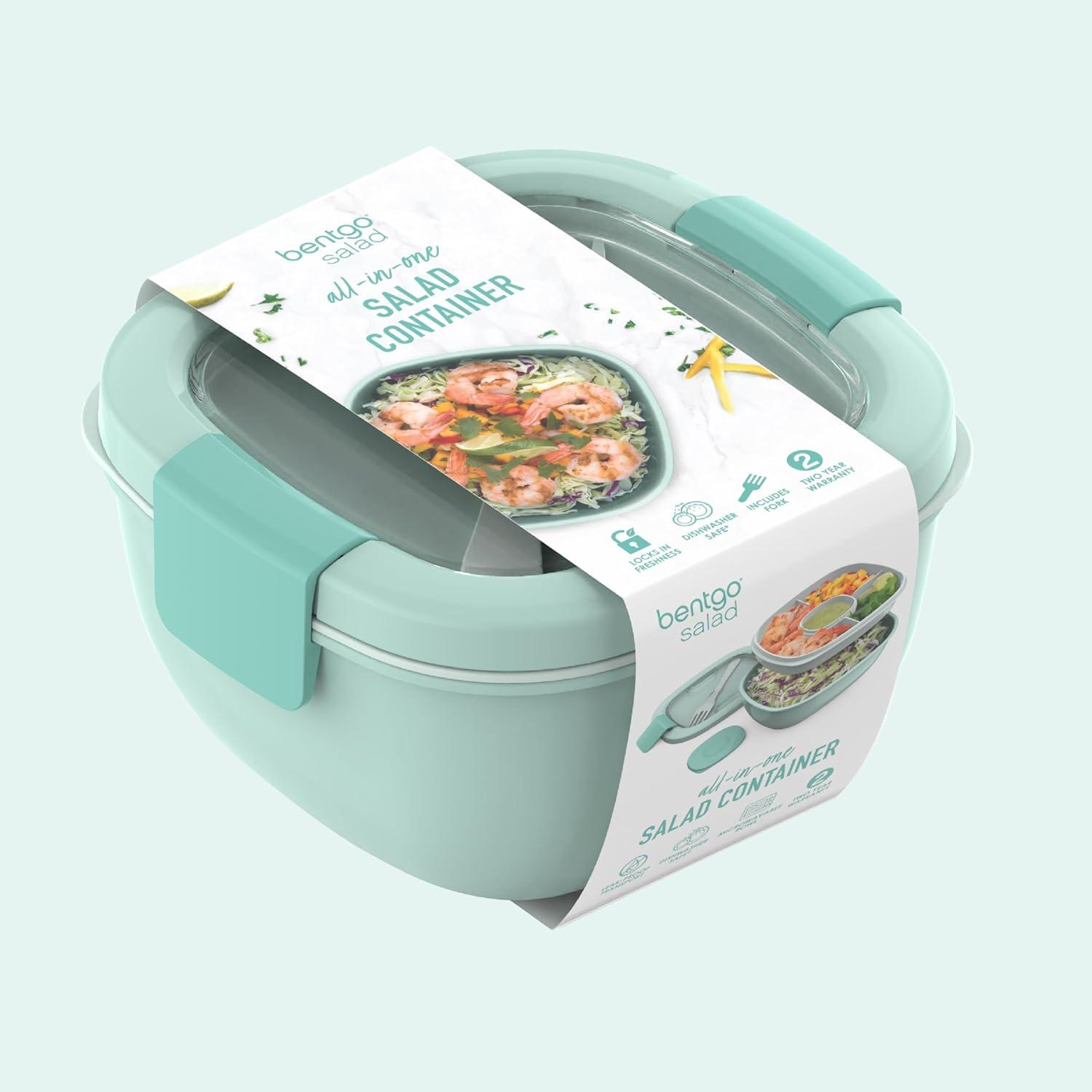 imageBentgo Salad Container 54 oz Bowl with 4Compartment Toppings Tray LeakProof Dressing Container Reusable Fork BPAFree Lunch Box for Meal Prep amp Food Storage Removable Bento Tray GrayCoastal Aqua