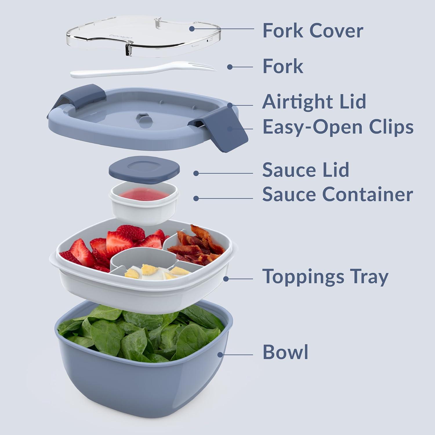 imageBentgo Salad Container 54 oz Bowl with 4Compartment Toppings Tray LeakProof Dressing Container Reusable Fork BPAFree Lunch Box for Meal Prep amp Food Storage Removable Bento Tray GraySlate
