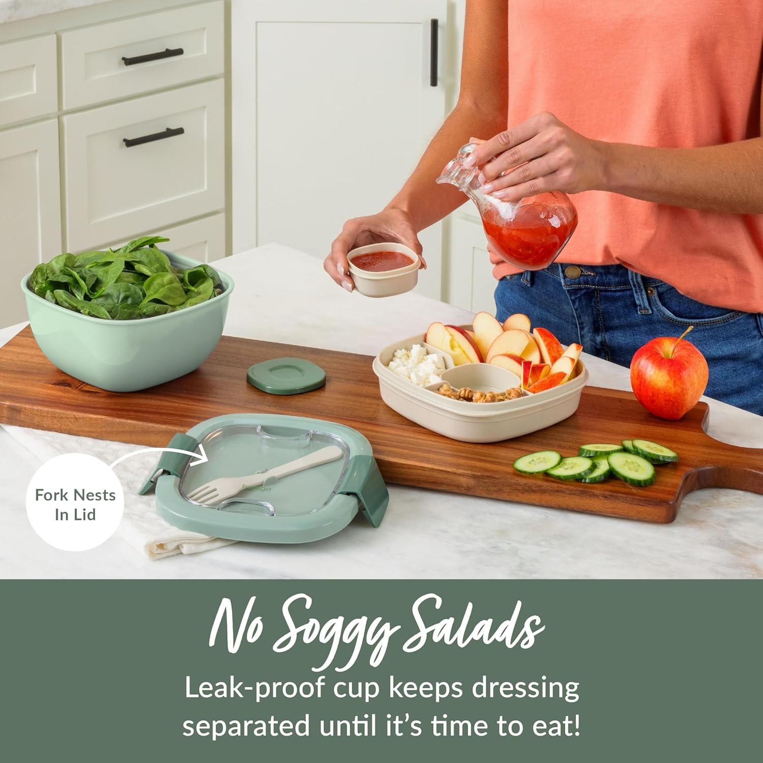 imageBentgo Salad Container 54 oz Bowl with 4Compartment Toppings Tray LeakProof Dressing Container Reusable Fork BPAFree Lunch Box for Meal Prep amp Food Storage Removable Bento Tray GrayKhaki Green