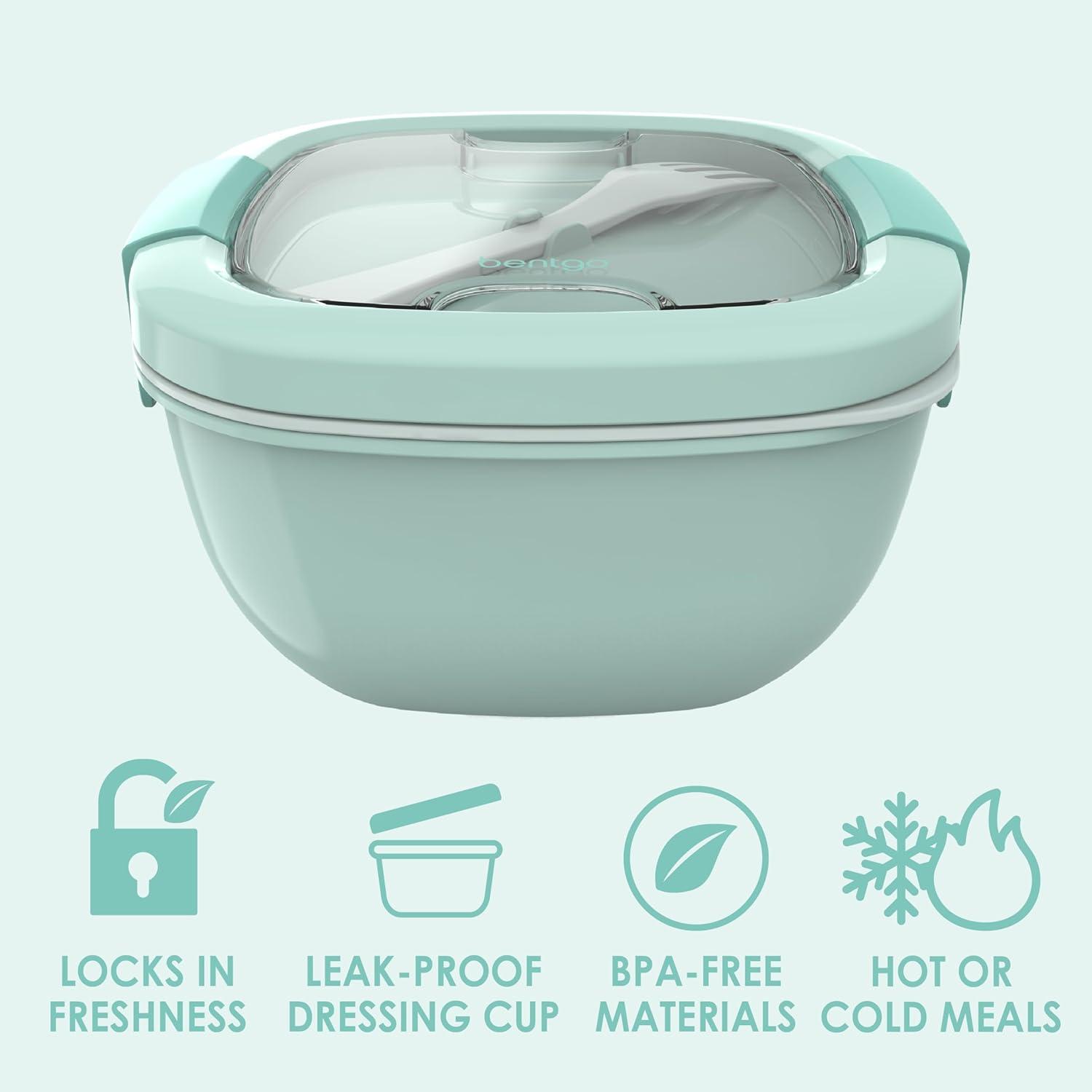 imageBentgo Salad Container 54 oz Bowl with 4Compartment Toppings Tray LeakProof Dressing Container Reusable Fork BPAFree Lunch Box for Meal Prep amp Food Storage Removable Bento Tray GrayCoastal Aqua