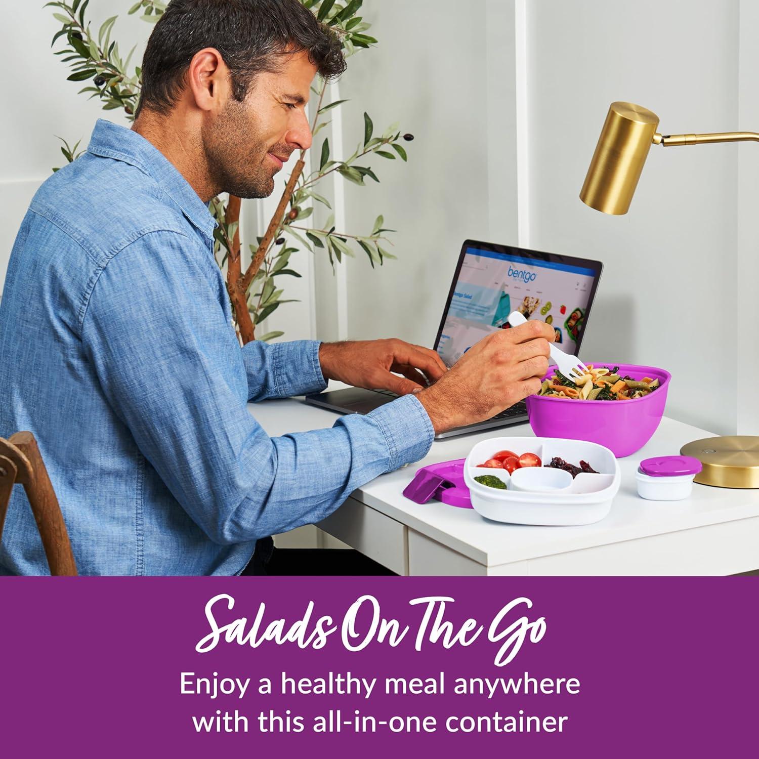 imageBentgo Salad Container 54 oz Bowl with 4Compartment Toppings Tray LeakProof Dressing Container Reusable Fork BPAFree Lunch Box for Meal Prep amp Food Storage Removable Bento Tray GrayPurple