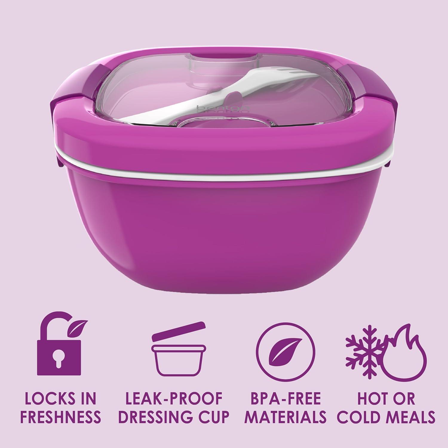 imageBentgo Salad Container 54 oz Bowl with 4Compartment Toppings Tray LeakProof Dressing Container Reusable Fork BPAFree Lunch Box for Meal Prep amp Food Storage Removable Bento Tray GrayPurple