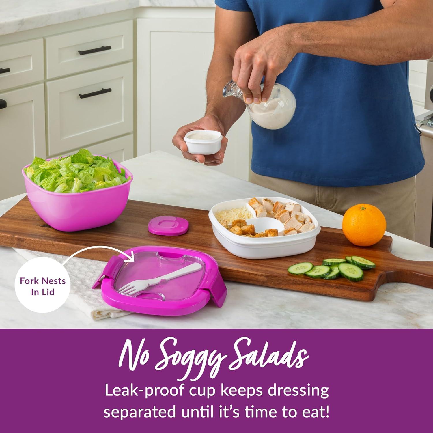 imageBentgo Salad Container 54 oz Bowl with 4Compartment Toppings Tray LeakProof Dressing Container Reusable Fork BPAFree Lunch Box for Meal Prep amp Food Storage Removable Bento Tray GrayPurple