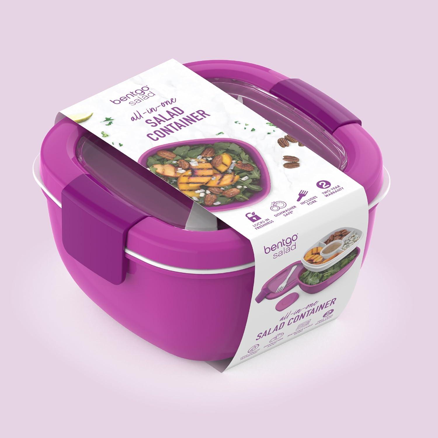 imageBentgo Salad Container 54 oz Bowl with 4Compartment Toppings Tray LeakProof Dressing Container Reusable Fork BPAFree Lunch Box for Meal Prep amp Food Storage Removable Bento Tray GrayPurple