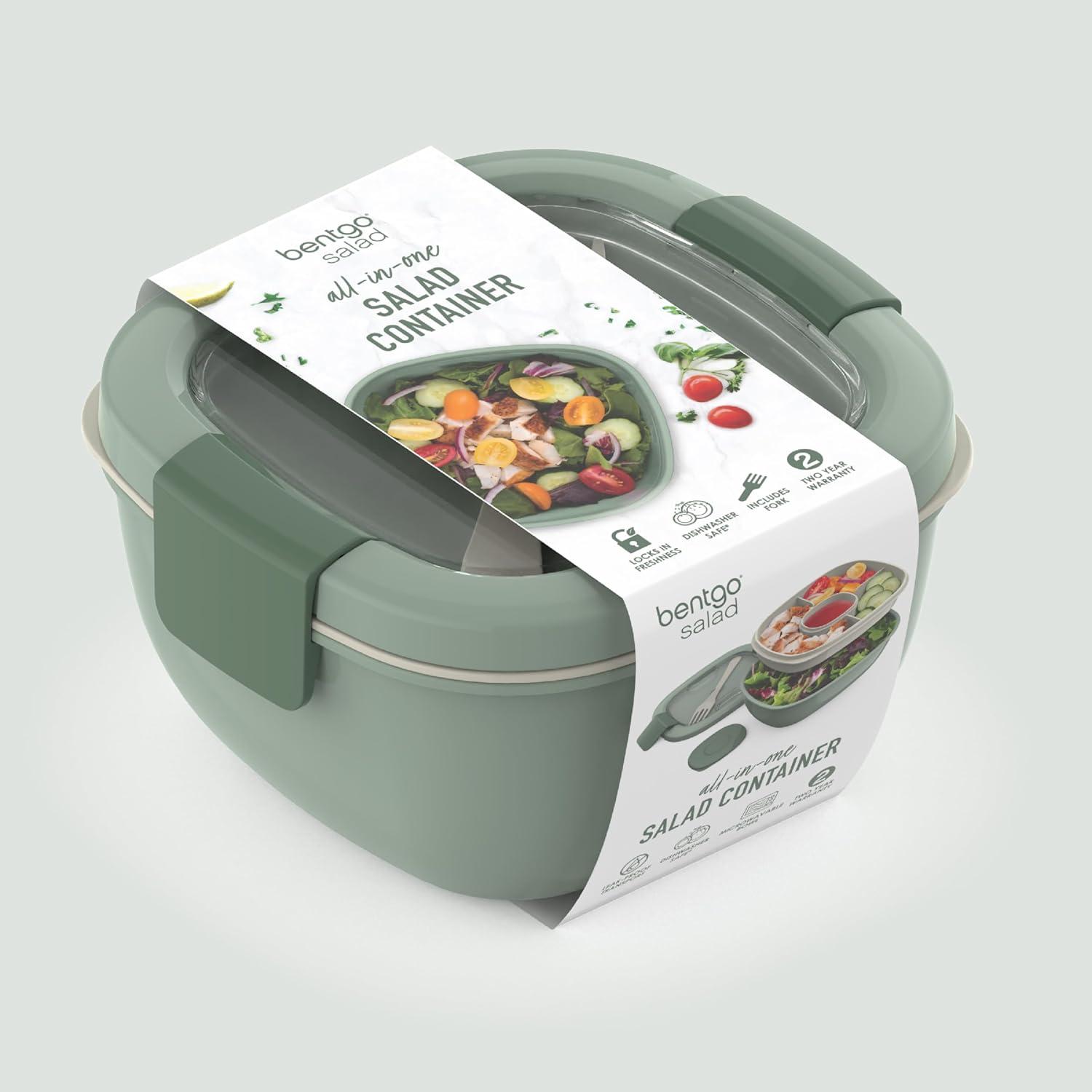 imageBentgo Salad Container 54 oz Bowl with 4Compartment Toppings Tray LeakProof Dressing Container Reusable Fork BPAFree Lunch Box for Meal Prep amp Food Storage Removable Bento Tray GrayKhaki Green