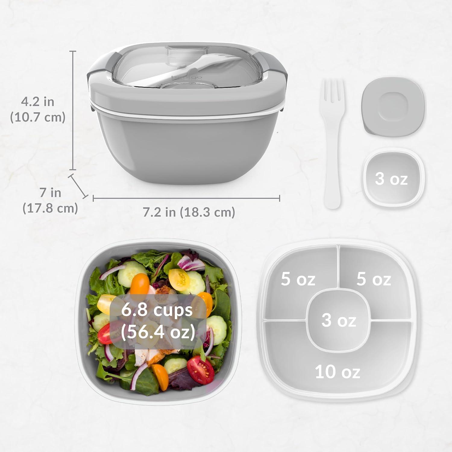 imageBentgo Salad Container 54 oz Bowl with 4Compartment Toppings Tray LeakProof Dressing Container Reusable Fork BPAFree Lunch Box for Meal Prep amp Food Storage Removable Bento Tray GrayGray