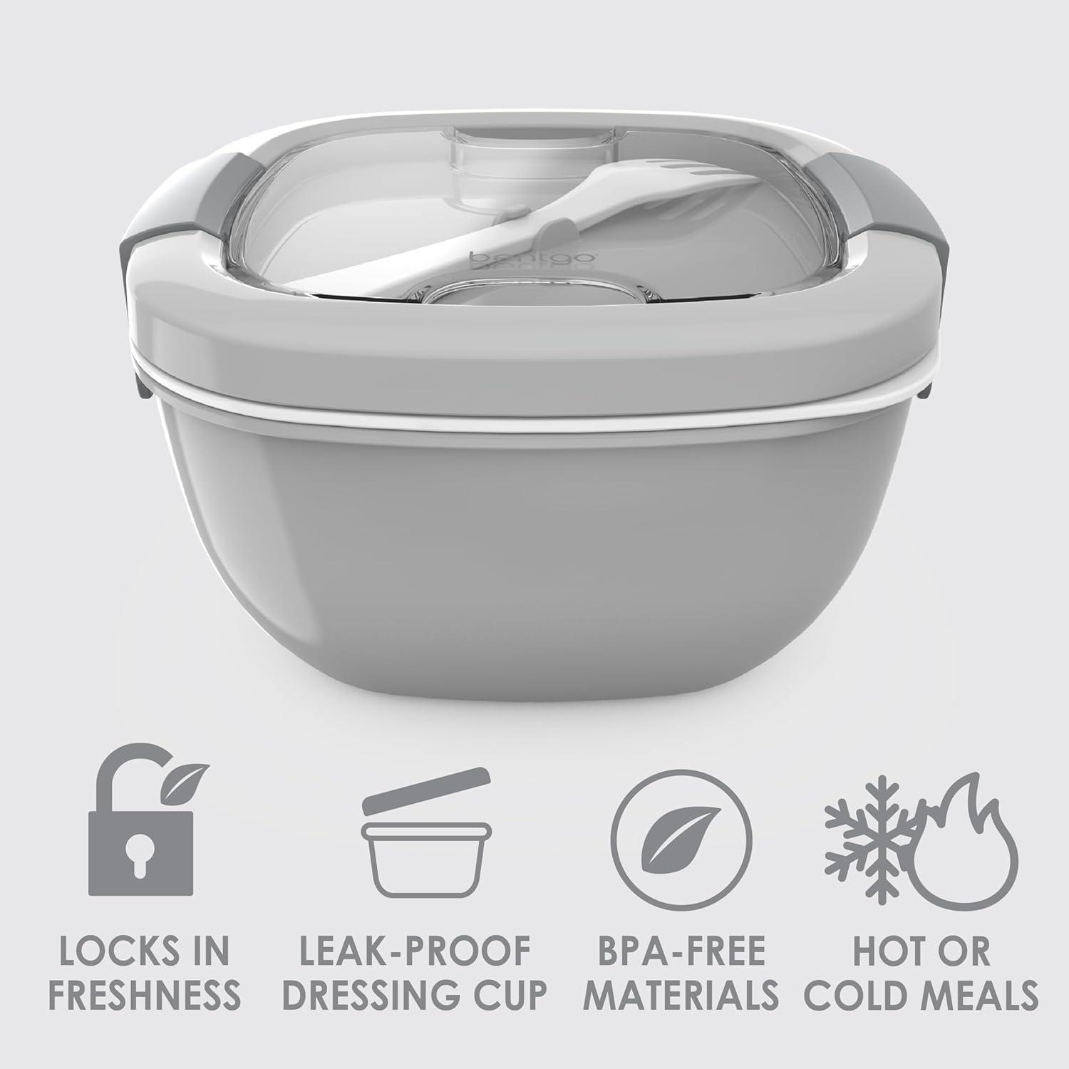 imageBentgo Salad Container 54 oz Bowl with 4Compartment Toppings Tray LeakProof Dressing Container Reusable Fork BPAFree Lunch Box for Meal Prep amp Food Storage Removable Bento Tray GrayGray