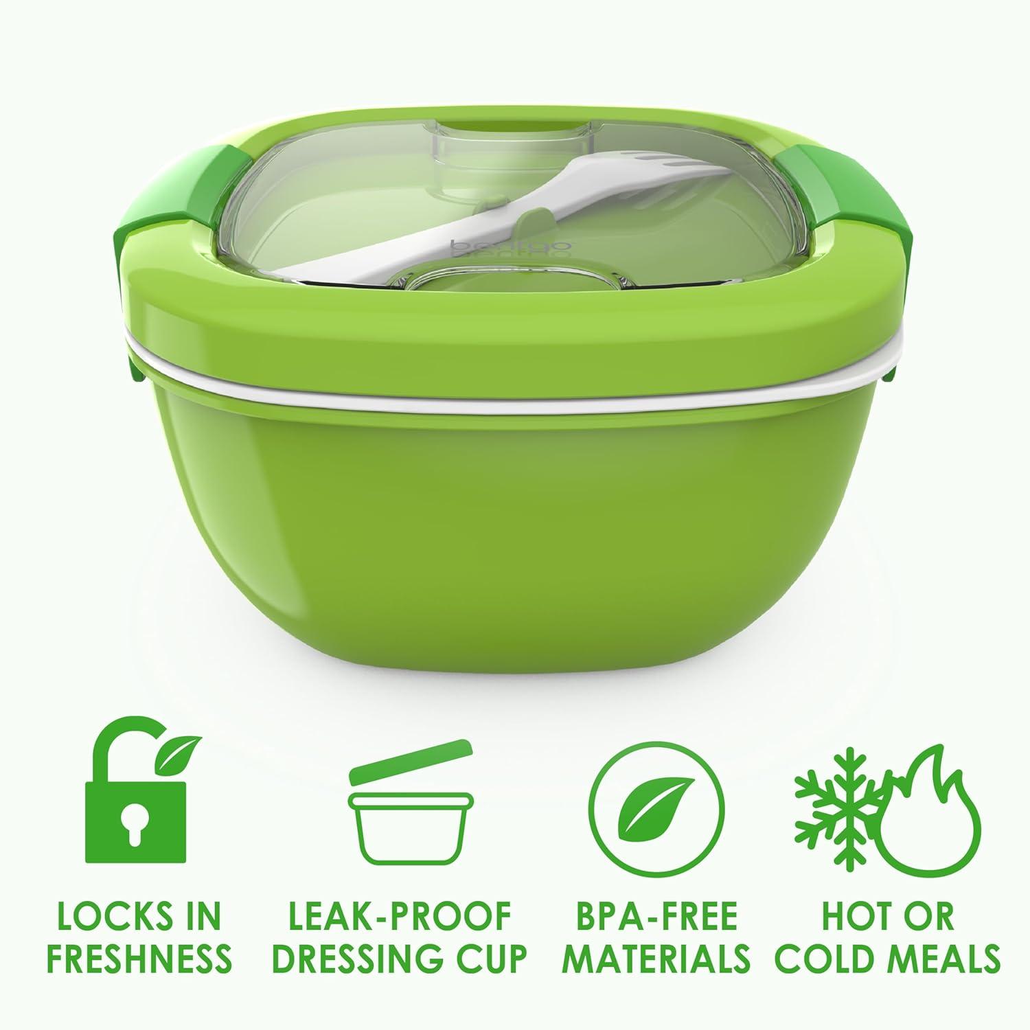 imageBentgo Salad Container 54 oz Bowl with 4Compartment Toppings Tray LeakProof Dressing Container Reusable Fork BPAFree Lunch Box for Meal Prep amp Food Storage Removable Bento Tray GrayGreen