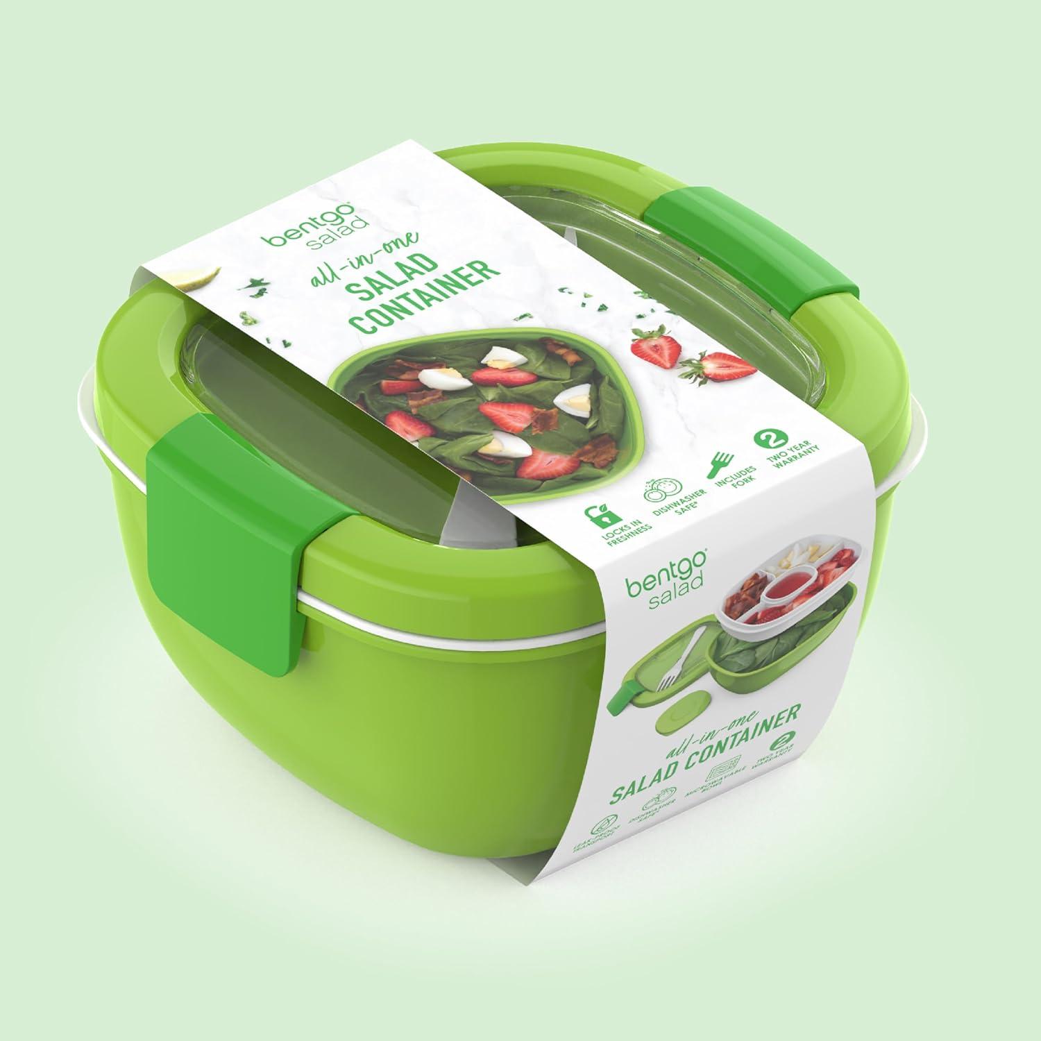 imageBentgo Salad Container 54 oz Bowl with 4Compartment Toppings Tray LeakProof Dressing Container Reusable Fork BPAFree Lunch Box for Meal Prep amp Food Storage Removable Bento Tray GrayGreen