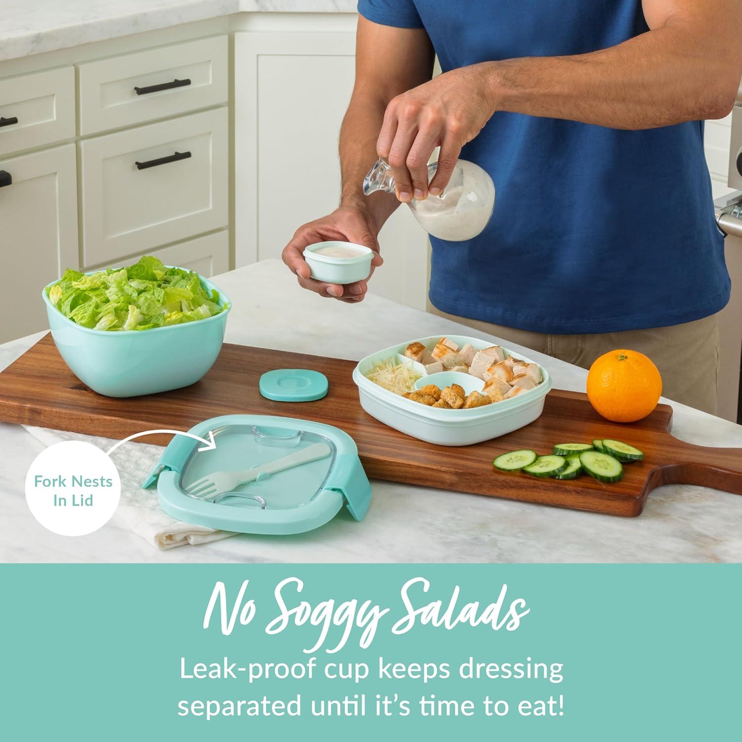 imageBentgo Salad Container 54 oz Bowl with 4Compartment Toppings Tray LeakProof Dressing Container Reusable Fork BPAFree Lunch Box for Meal Prep amp Food Storage Removable Bento Tray GrayCoastal Aqua