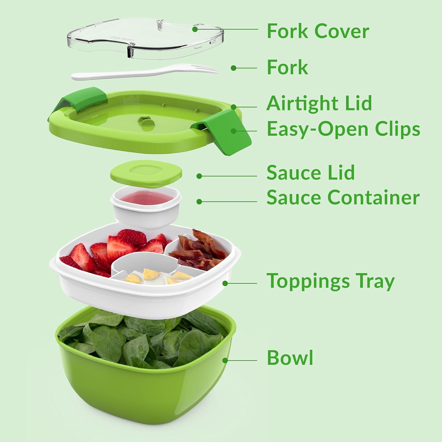 imageBentgo Salad Container 54 oz Bowl with 4Compartment Toppings Tray LeakProof Dressing Container Reusable Fork BPAFree Lunch Box for Meal Prep amp Food Storage Removable Bento Tray GrayGreen