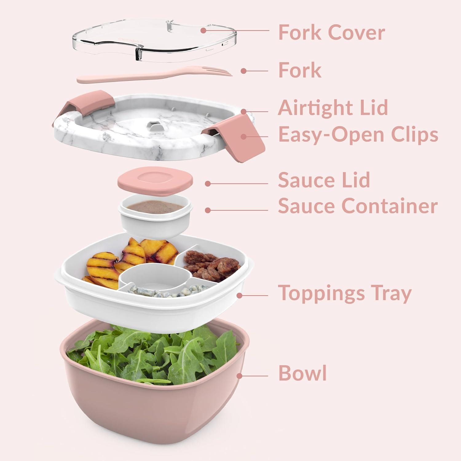 imageBentgo Salad Container 54 oz Bowl with 4Compartment Toppings Tray LeakProof Dressing Container Reusable Fork BPAFree Lunch Box for Meal Prep amp Food Storage Removable Bento Tray GrayBlush Marble