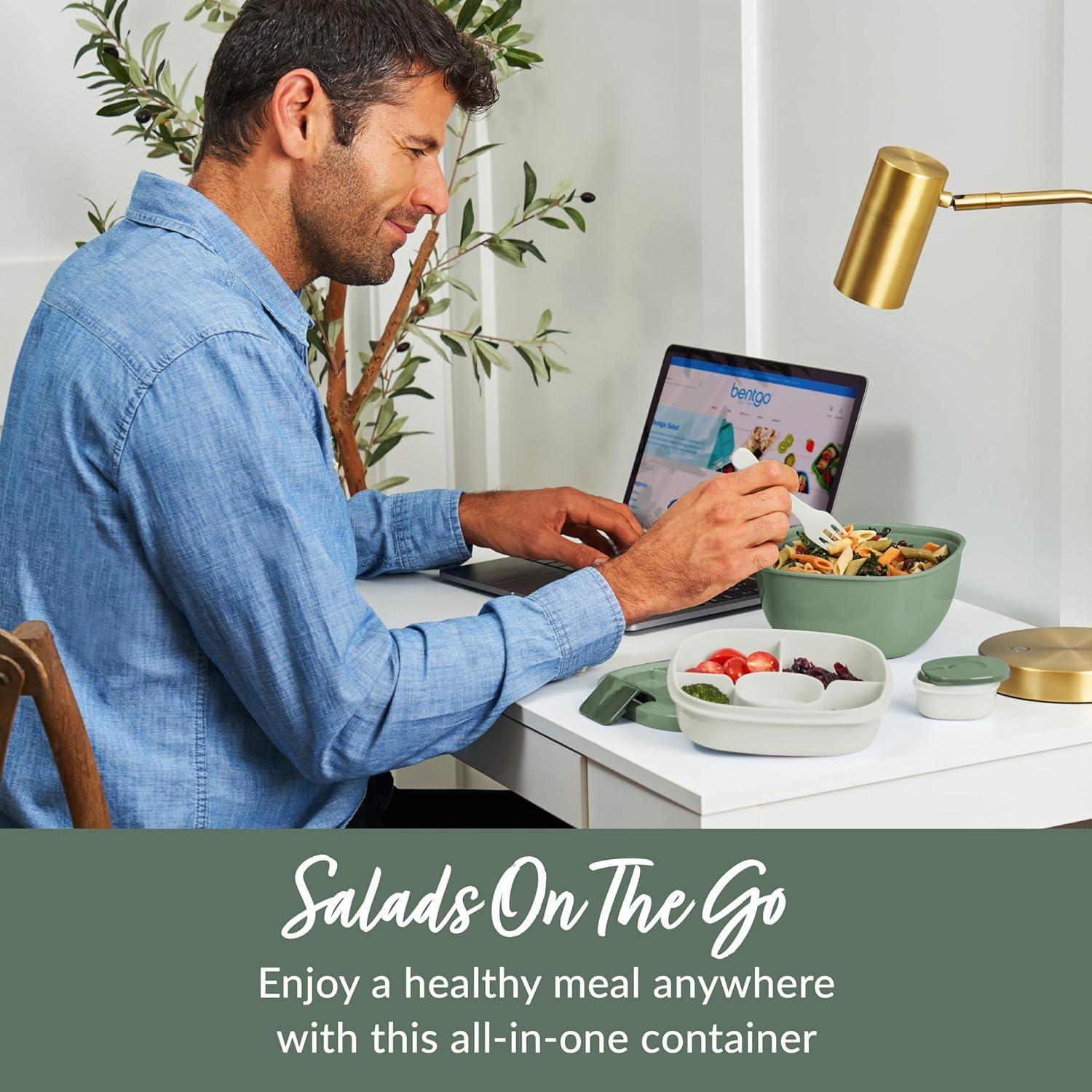 imageBentgo Salad Container 54 oz Bowl with 4Compartment Toppings Tray LeakProof Dressing Container Reusable Fork BPAFree Lunch Box for Meal Prep amp Food Storage Removable Bento Tray GrayKhaki Green