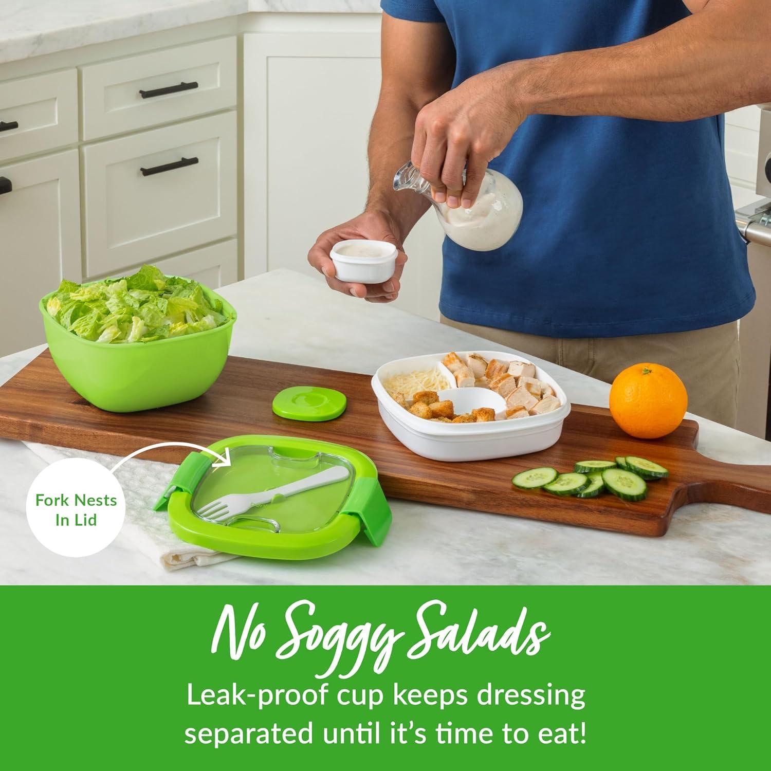 imageBentgo Salad Container 54 oz Bowl with 4Compartment Toppings Tray LeakProof Dressing Container Reusable Fork BPAFree Lunch Box for Meal Prep amp Food Storage Removable Bento Tray GrayGreen