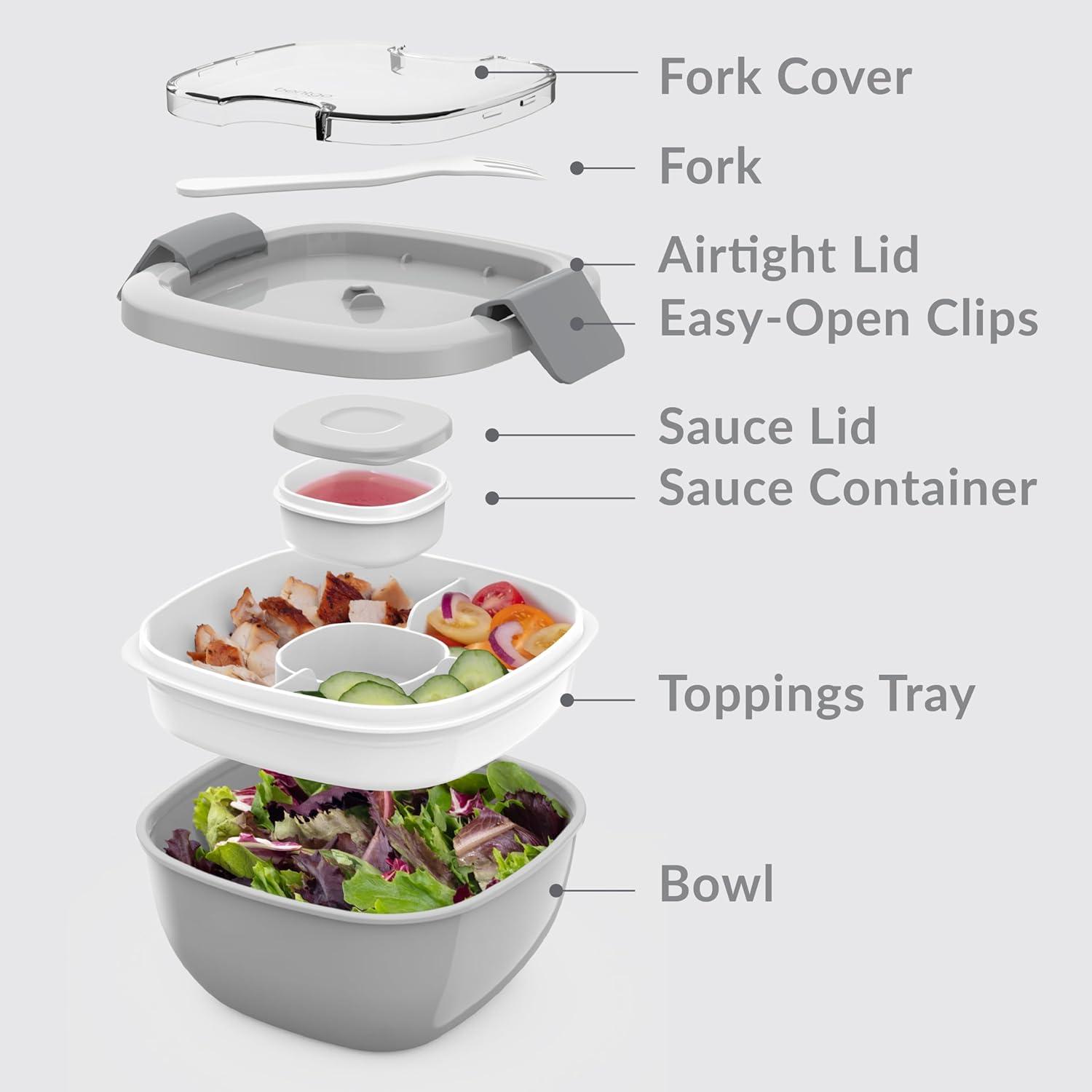 imageBentgo Salad Container 54 oz Bowl with 4Compartment Toppings Tray LeakProof Dressing Container Reusable Fork BPAFree Lunch Box for Meal Prep amp Food Storage Removable Bento Tray GrayGray