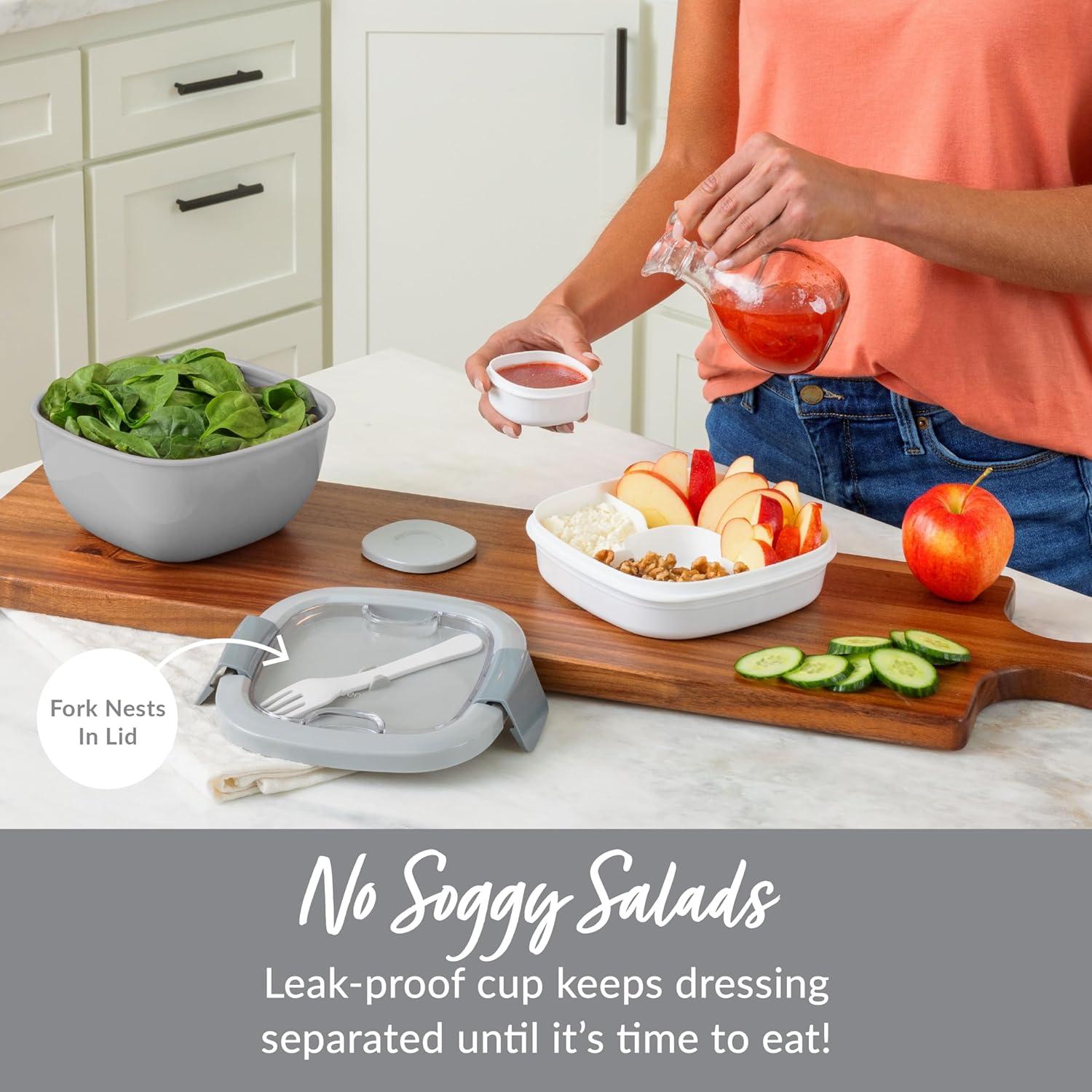 imageBentgo Salad Container 54 oz Bowl with 4Compartment Toppings Tray LeakProof Dressing Container Reusable Fork BPAFree Lunch Box for Meal Prep amp Food Storage Removable Bento Tray GrayGray