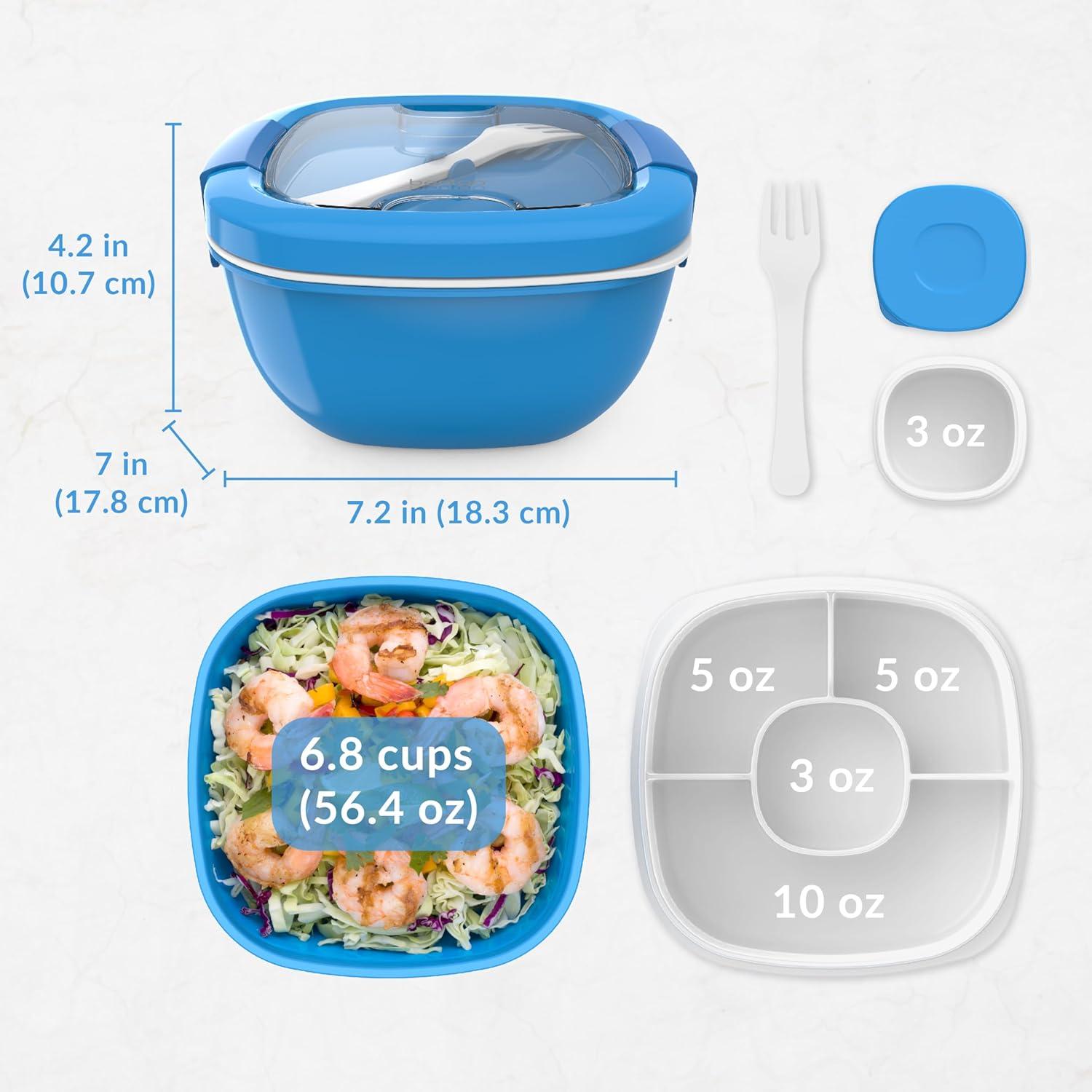 imageBentgo Salad Container 54 oz Bowl with 4Compartment Toppings Tray LeakProof Dressing Container Reusable Fork BPAFree Lunch Box for Meal Prep amp Food Storage Removable Bento Tray GrayBlue