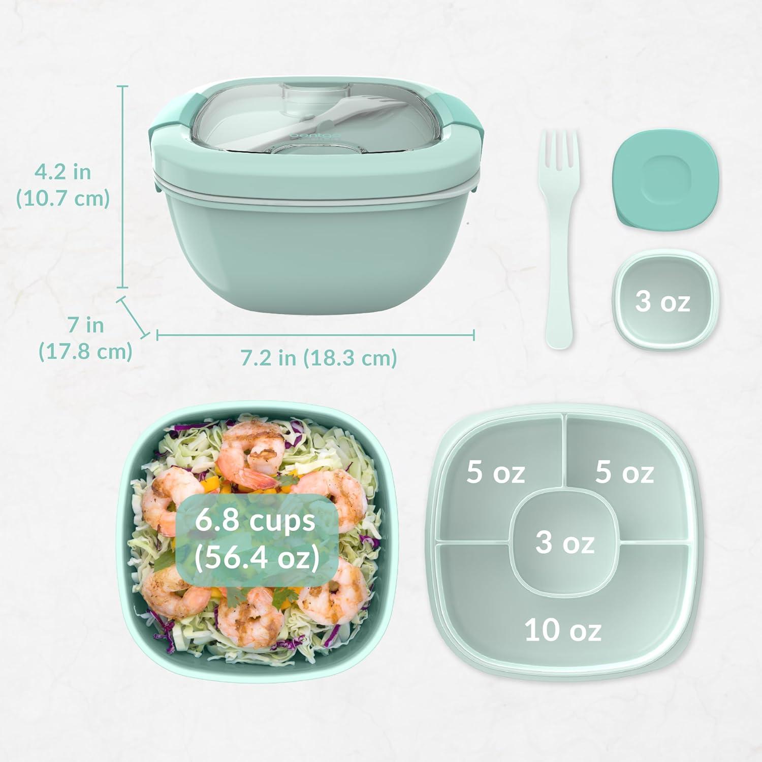 imageBentgo Salad Container 54 oz Bowl with 4Compartment Toppings Tray LeakProof Dressing Container Reusable Fork BPAFree Lunch Box for Meal Prep amp Food Storage Removable Bento Tray GrayCoastal Aqua