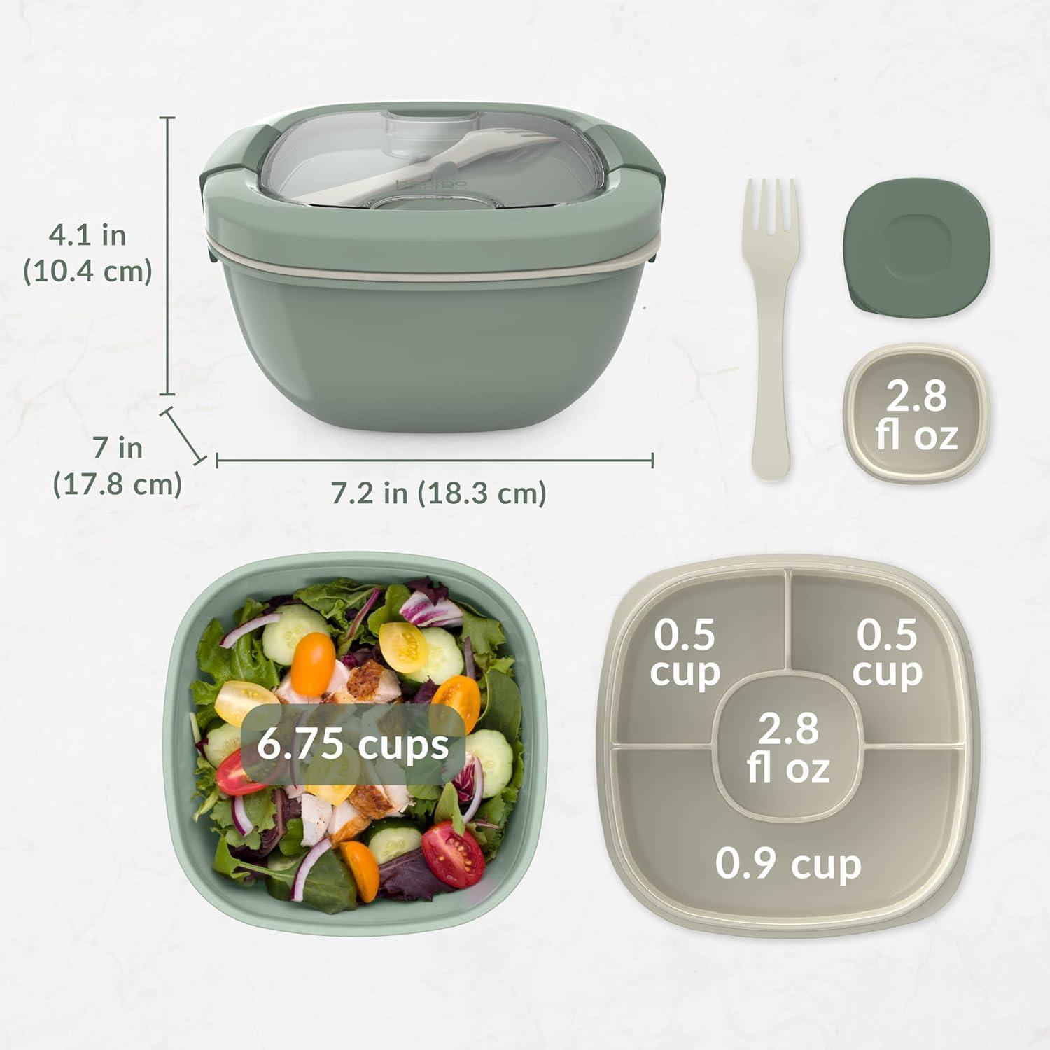 imageBentgo Salad Container 54 oz Bowl with 4Compartment Toppings Tray LeakProof Dressing Container Reusable Fork BPAFree Lunch Box for Meal Prep amp Food Storage Removable Bento Tray GrayKhaki Green