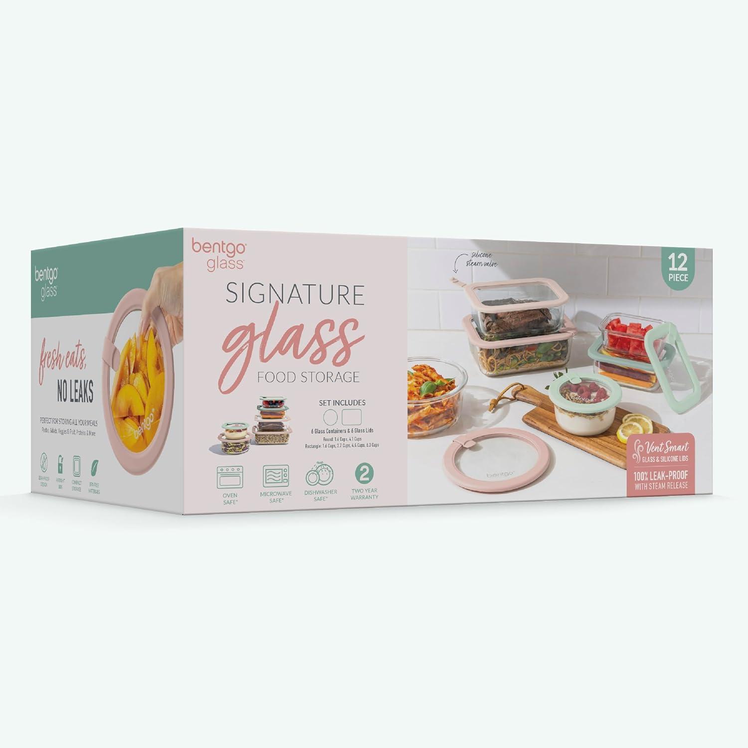 imageBentgo Signature LeakProof Glass Food Storage 12Piece Set 1Compartment Meal Prep PlasticFree Containers Airtight Glass Lids BPAFree Microwave Freezer Oven Dishwasher Safe Desert SageDesert Sage