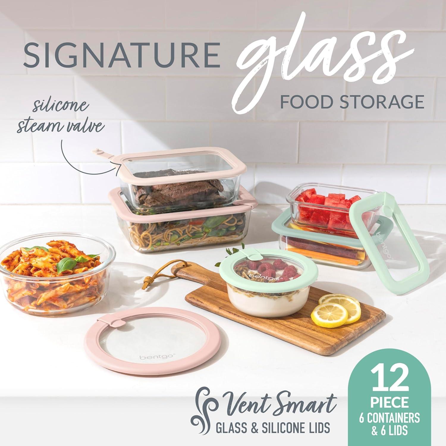 imageBentgo Signature LeakProof Glass Food Storage 12Piece Set 1Compartment Meal Prep PlasticFree Containers Airtight Glass Lids BPAFree Microwave Freezer Oven Dishwasher Safe Desert SageDesert Sage