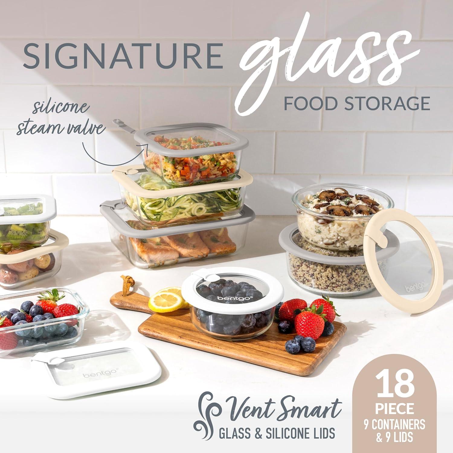 imageBentgo Signature LeakProof Glass Food Storage 18Piece Set 1Compartment PlasticFree Containers with Airtight Glass Lids BPAFree Microwave Freezer Oven amp Dishwasher Safe White Stone