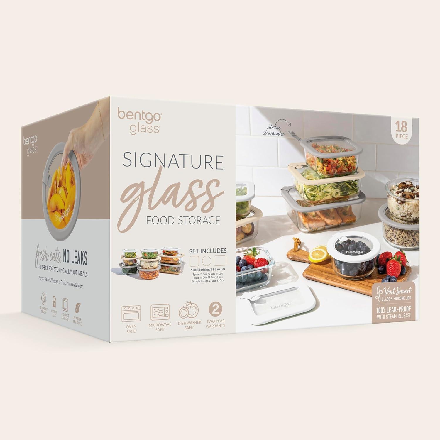 imageBentgo Signature LeakProof Glass Food Storage 18Piece Set 1Compartment PlasticFree Containers with Airtight Glass Lids BPAFree Microwave Freezer Oven amp Dishwasher Safe White Stone
