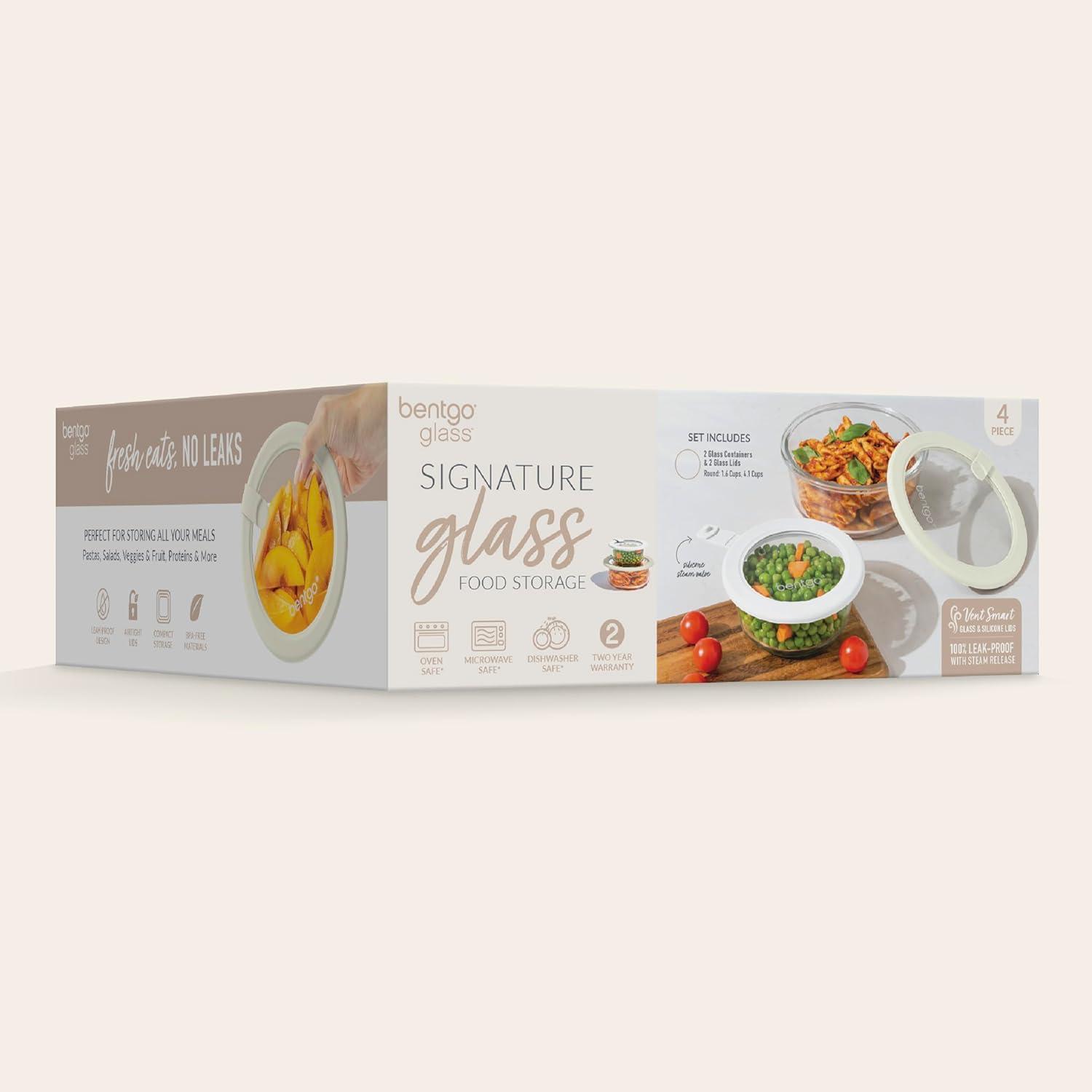 imageBentgo Signature LeakProof Glass Food Storage 4Piece Set 1Compartment PlasticFree Containers with Airtight Glass Lids BPAFree Microwave Freezer Oven amp Dishwasher Safe White Stone
