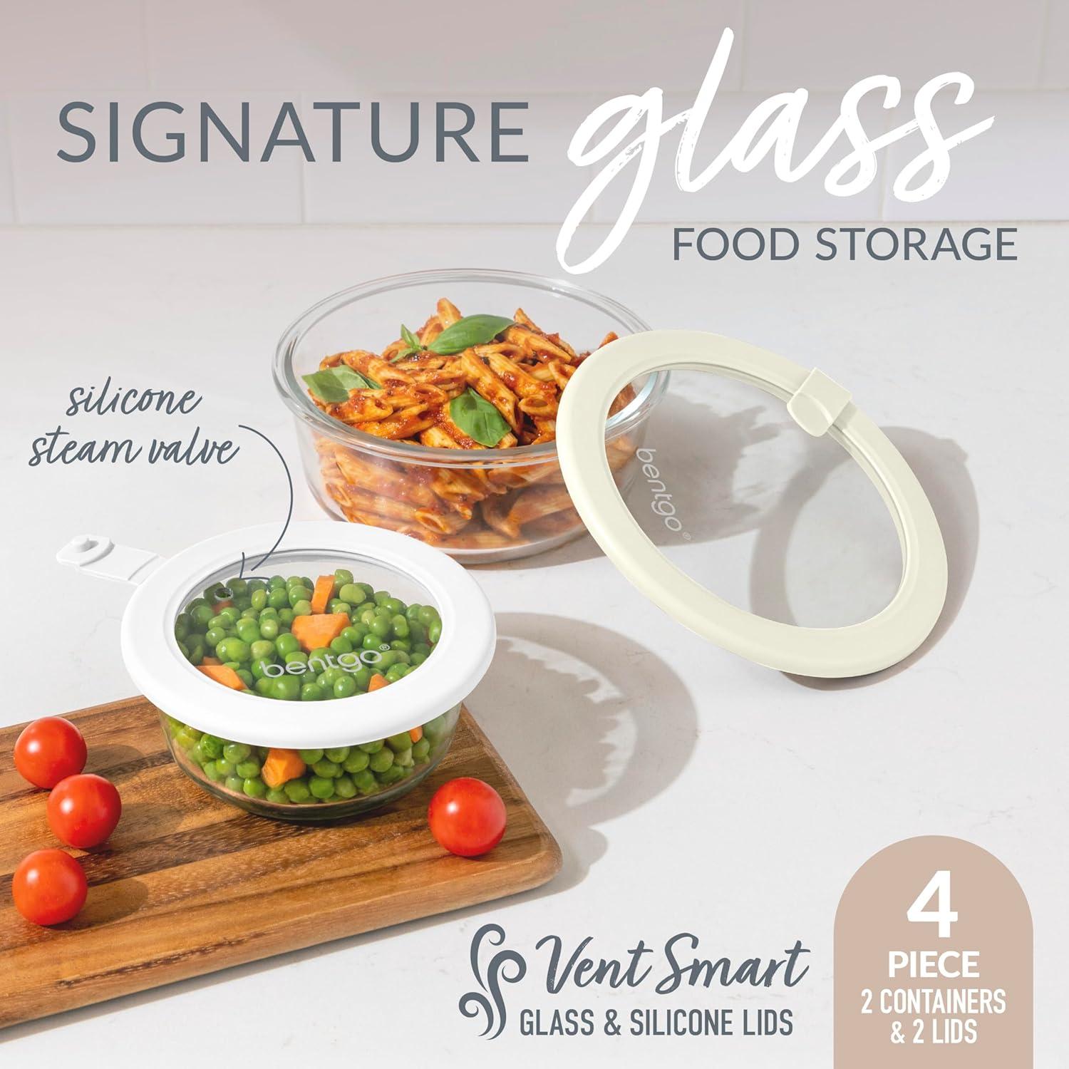 imageBentgo Signature LeakProof Glass Food Storage 4Piece Set 1Compartment PlasticFree Containers with Airtight Glass Lids BPAFree Microwave Freezer Oven amp Dishwasher Safe White Stone