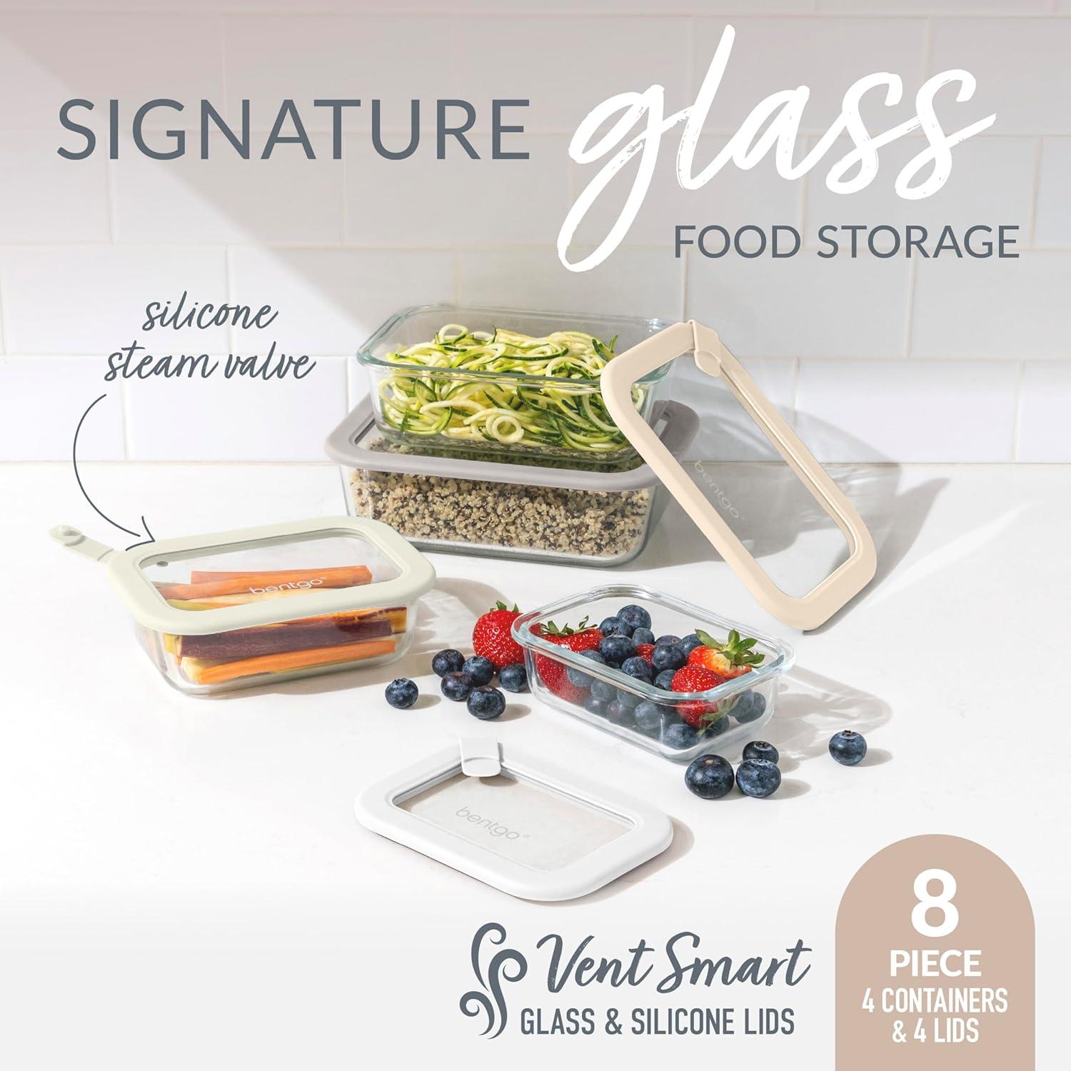 imageBentgo Signature LeakProof Glass Food Storage 8Piece Set 1Compartment PlasticFree Containers with Airtight Glass Lids BPAFree Microwave Freezer Oven amp Dishwasher Safe White Stone