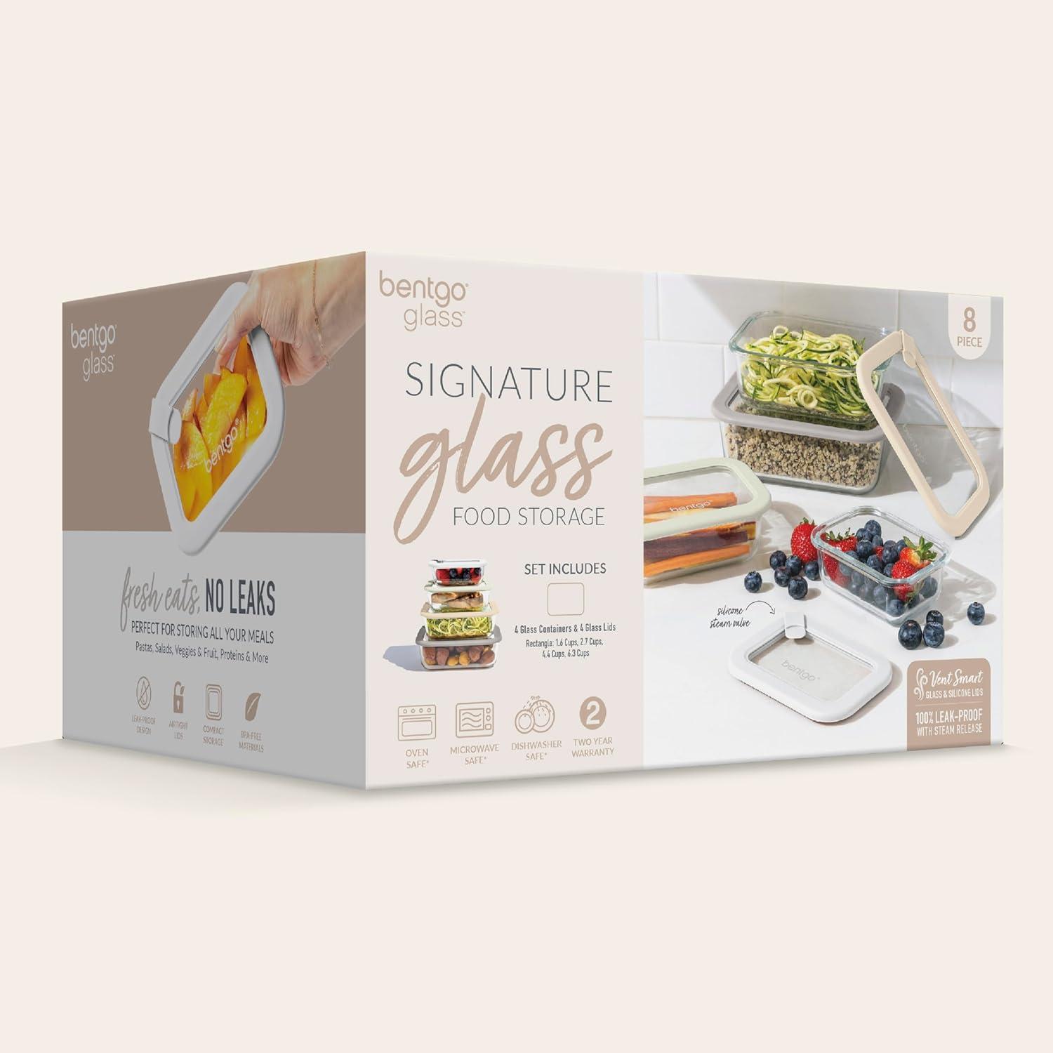 imageBentgo Signature LeakProof Glass Food Storage 8Piece Set 1Compartment PlasticFree Containers with Airtight Glass Lids BPAFree Microwave Freezer Oven amp Dishwasher Safe White Stone