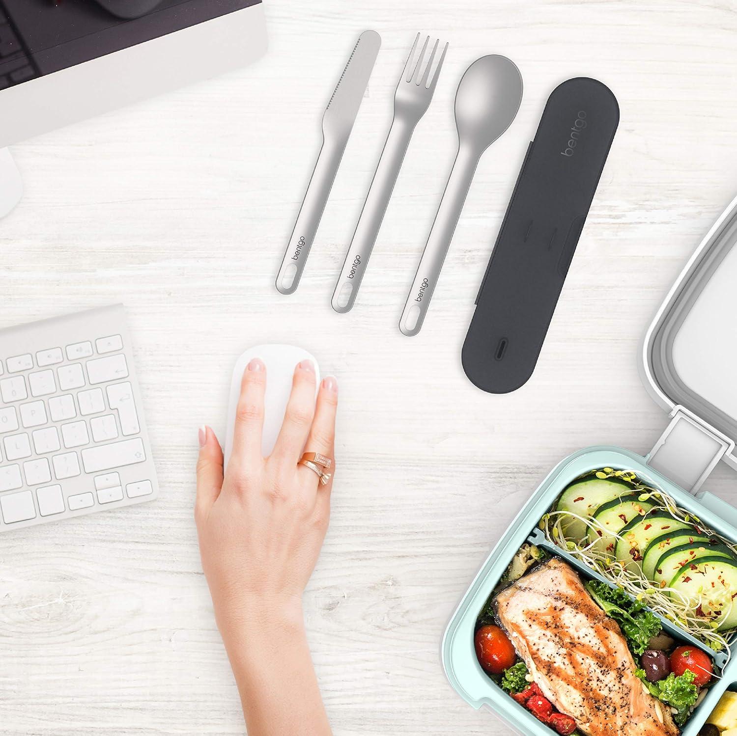 imageBentgo Stainless Travel Utensil Set Reusable 3Piece Silverware Set with Carrying Case HighGrade Premium Steel BPAFree Case EcoFriendly Ideal for Travel Camping and Office Use AquaCarbon