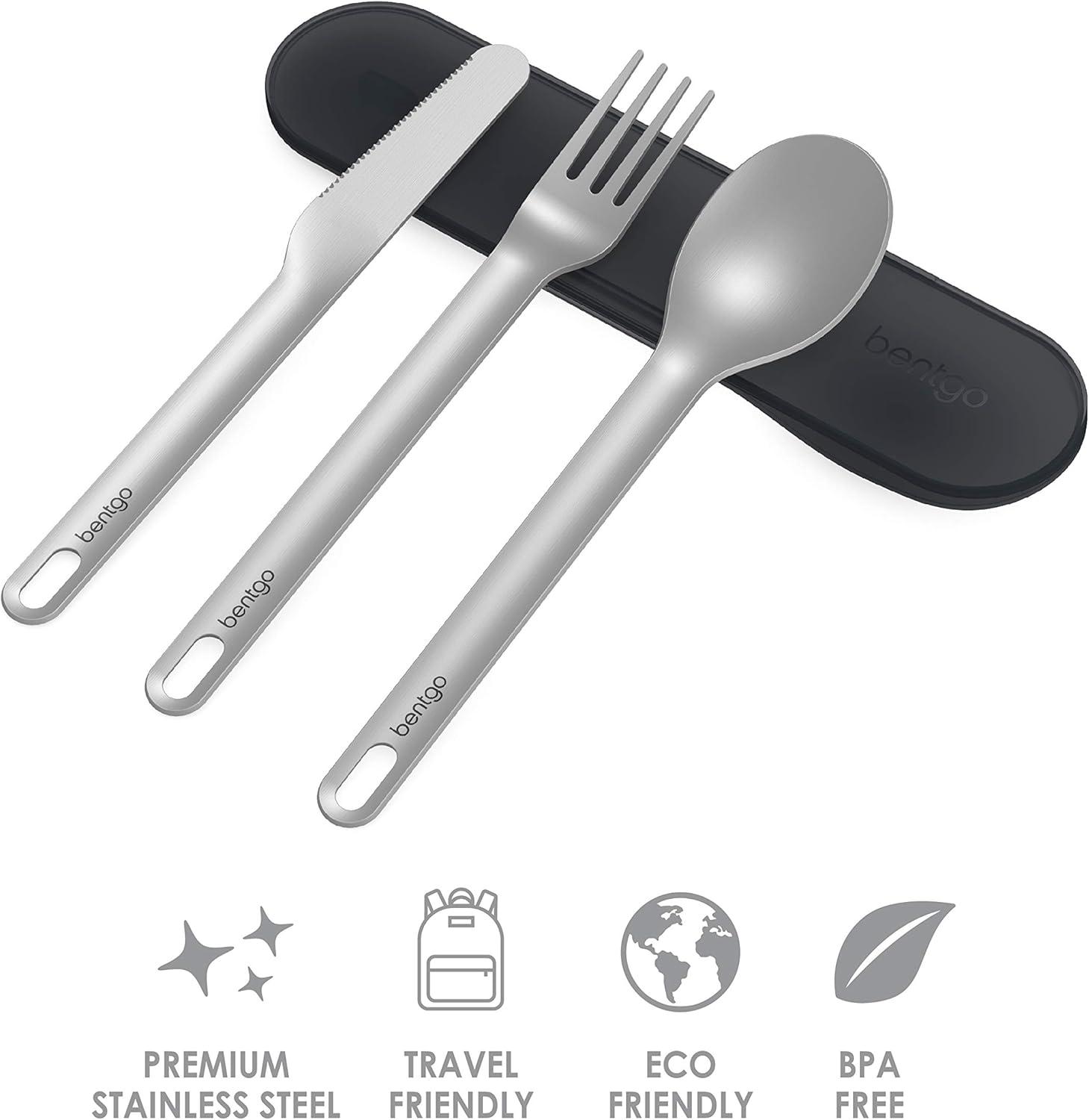 imageBentgo Stainless Travel Utensil Set Reusable 3Piece Silverware Set with Carrying Case HighGrade Premium Steel BPAFree Case EcoFriendly Ideal for Travel Camping and Office Use AquaCarbon