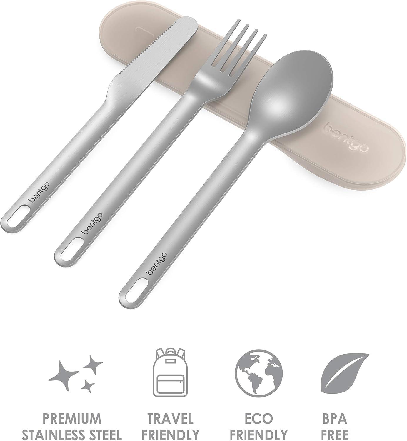 imageBentgo Stainless Travel Utensil Set Reusable 3Piece Silverware Set with Carrying Case HighGrade Premium Steel BPAFree Case EcoFriendly Ideal for Travel Camping and Office Use AquaSand