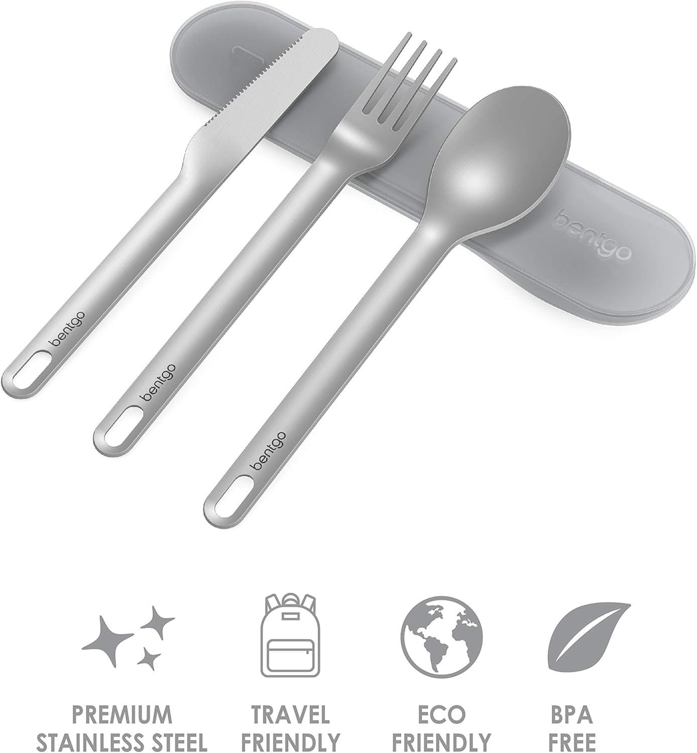imageBentgo Stainless Travel Utensil Set Reusable 3Piece Silverware Set with Carrying Case HighGrade Premium Steel BPAFree Case EcoFriendly Ideal for Travel Camping and Office Use AquaGray