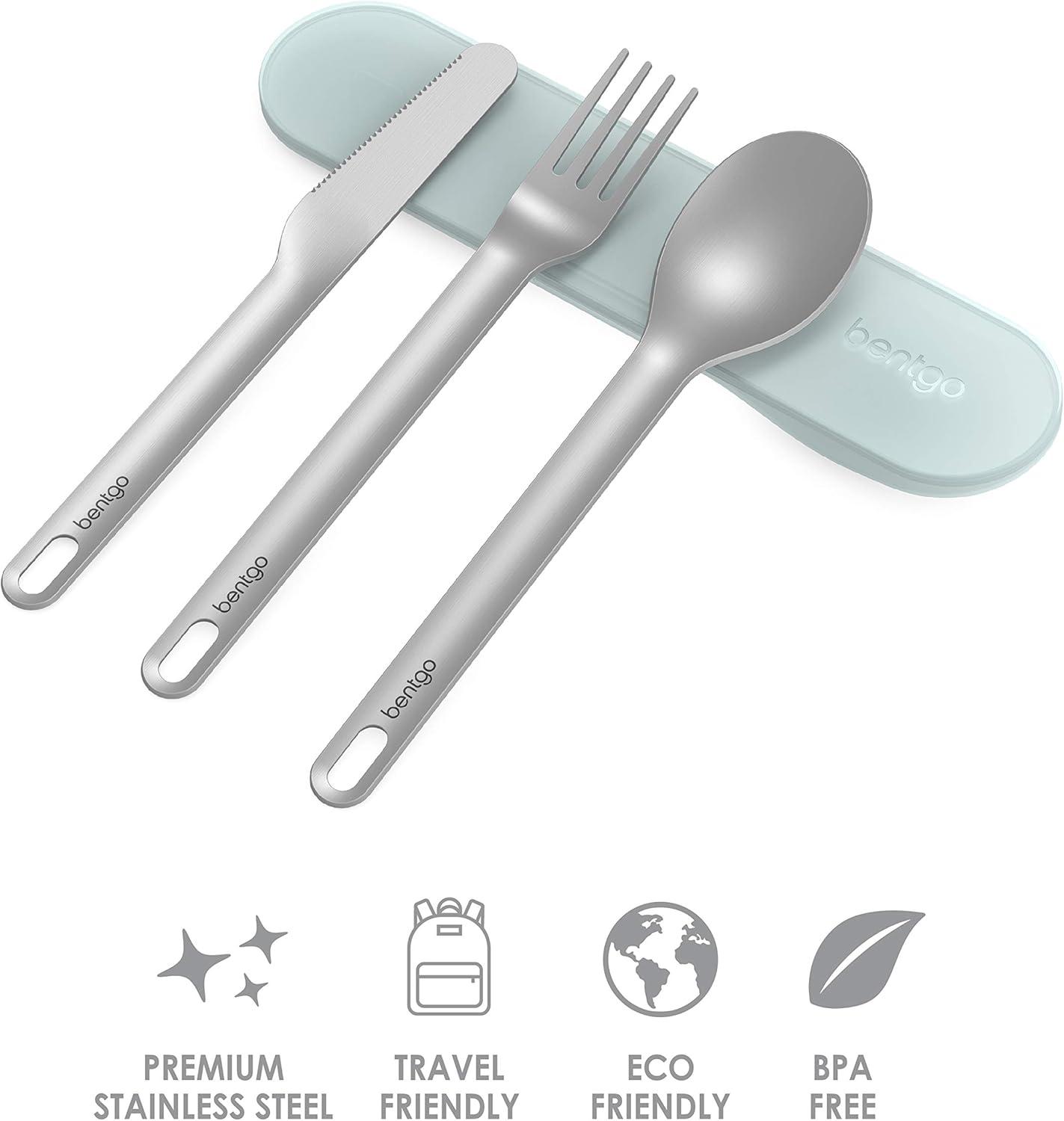 imageBentgo Stainless Travel Utensil Set Reusable 3Piece Silverware Set with Carrying Case HighGrade Premium Steel BPAFree Case EcoFriendly Ideal for Travel Camping and Office Use AquaAqua