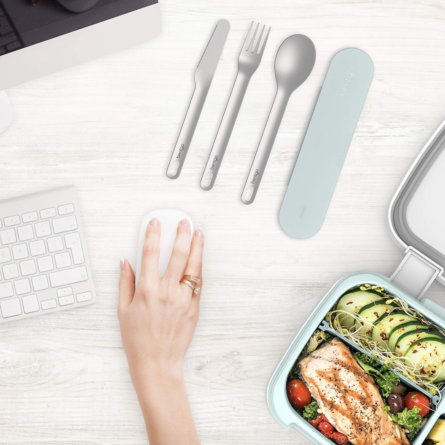 imageBentgo Stainless Travel Utensil Set Reusable 3Piece Silverware Set with Carrying Case HighGrade Premium Steel BPAFree Case EcoFriendly Ideal for Travel Camping and Office Use AquaAqua