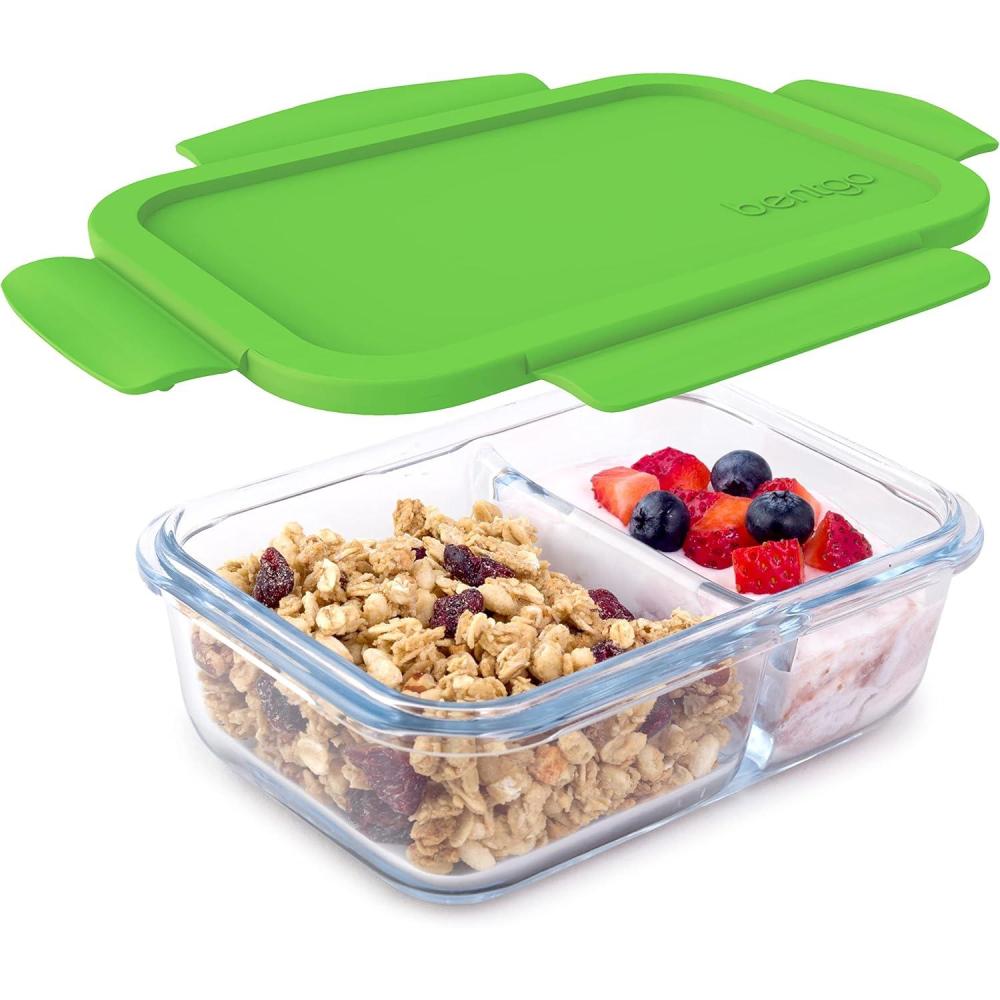 imageBentgo Glass Snack LeakProof BentoStyle Snack Container with Airtight Lid and Divided 2Compartment Design 175 Cup Capacity for Meal Prepping and PortionControlled Snacking GreenGreen