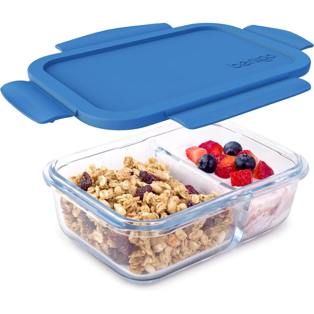 imageBentgo Glass Snack LeakProof BentoStyle Snack Container with Airtight Lid and Divided 2Compartment Design 175 Cup Capacity for Meal Prepping and PortionControlled Snacking GreenBlue