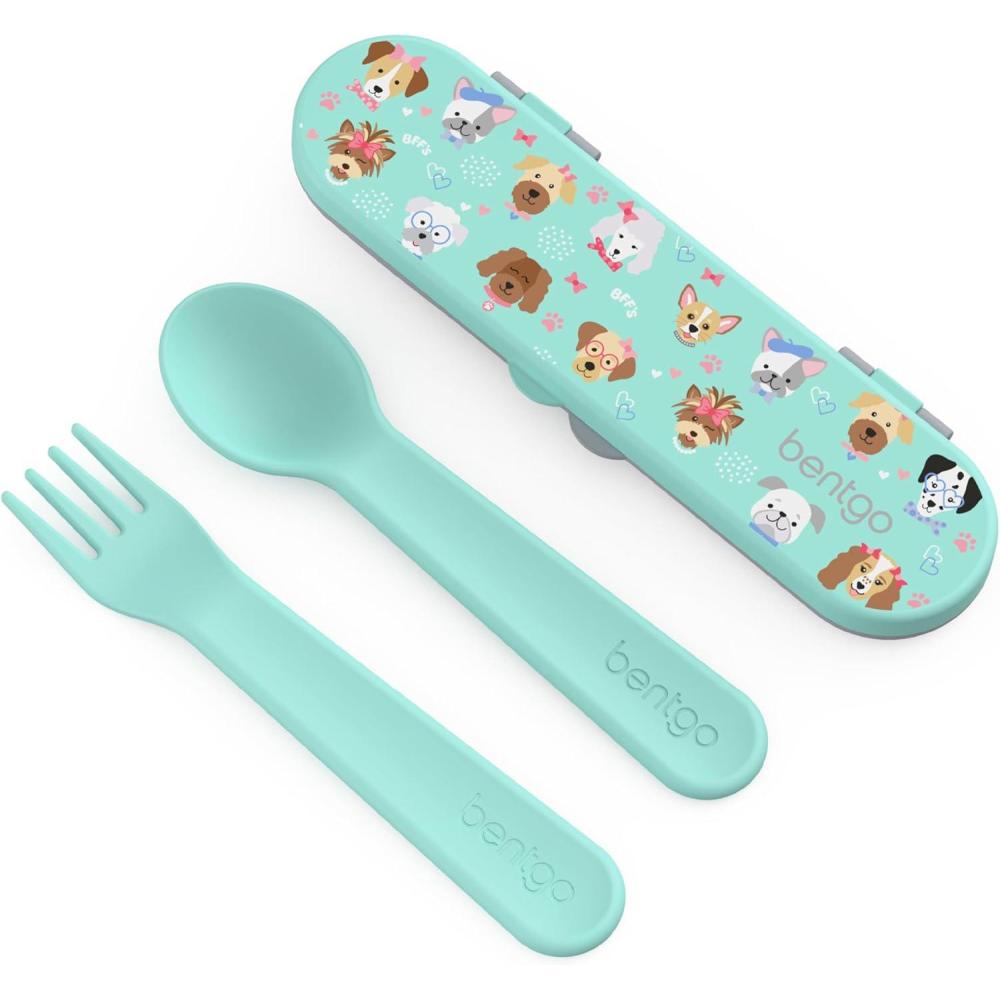 imageBentgo Kids Utensil Set Reusable Plastic Fork Spoon amp Storage Case BPAFree Materials EasyGrip Handles Dishwasher Safe Ideal for School Lunch Travel amp Outdoors SafariPuppy Love