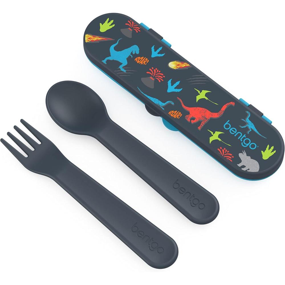 imageBentgo Kids Utensil Set Reusable Plastic Fork Spoon amp Storage Case BPAFree Materials EasyGrip Handles Dishwasher Safe Ideal for School Lunch Travel amp Outdoors SafariDino