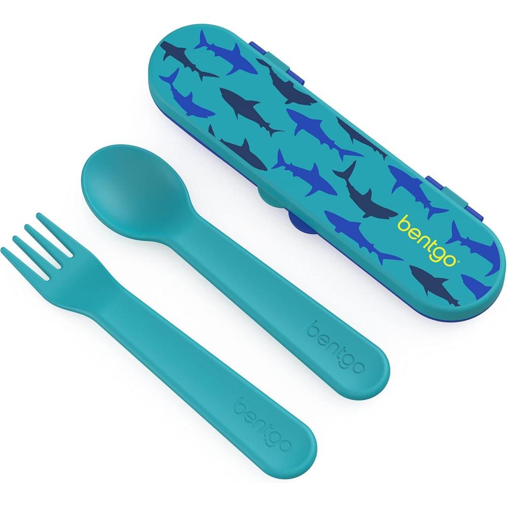 imageBentgo Kids Utensil Set Reusable Plastic Fork Spoon amp Storage Case BPAFree Materials EasyGrip Handles Dishwasher Safe Ideal for School Lunch Travel amp Outdoors SafariSharks