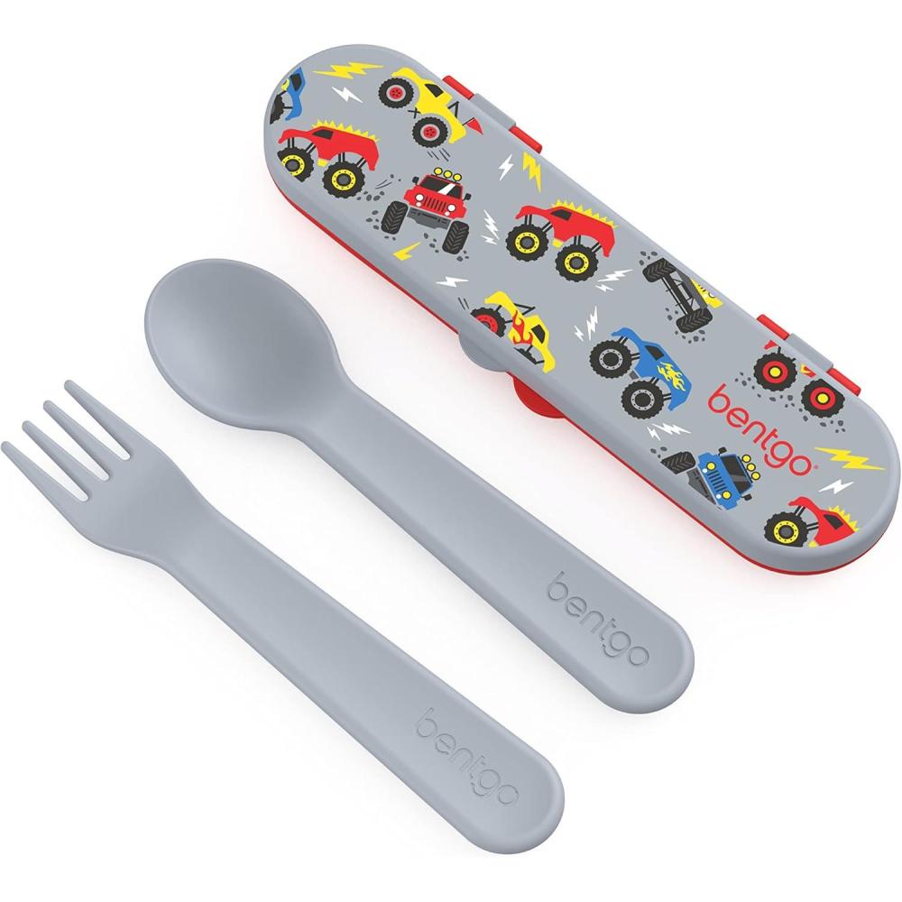 imageBentgo Kids Utensil Set Reusable Plastic Fork Spoon amp Storage Case BPAFree Materials EasyGrip Handles Dishwasher Safe Ideal for School Lunch Travel amp Outdoors SafariTrucks