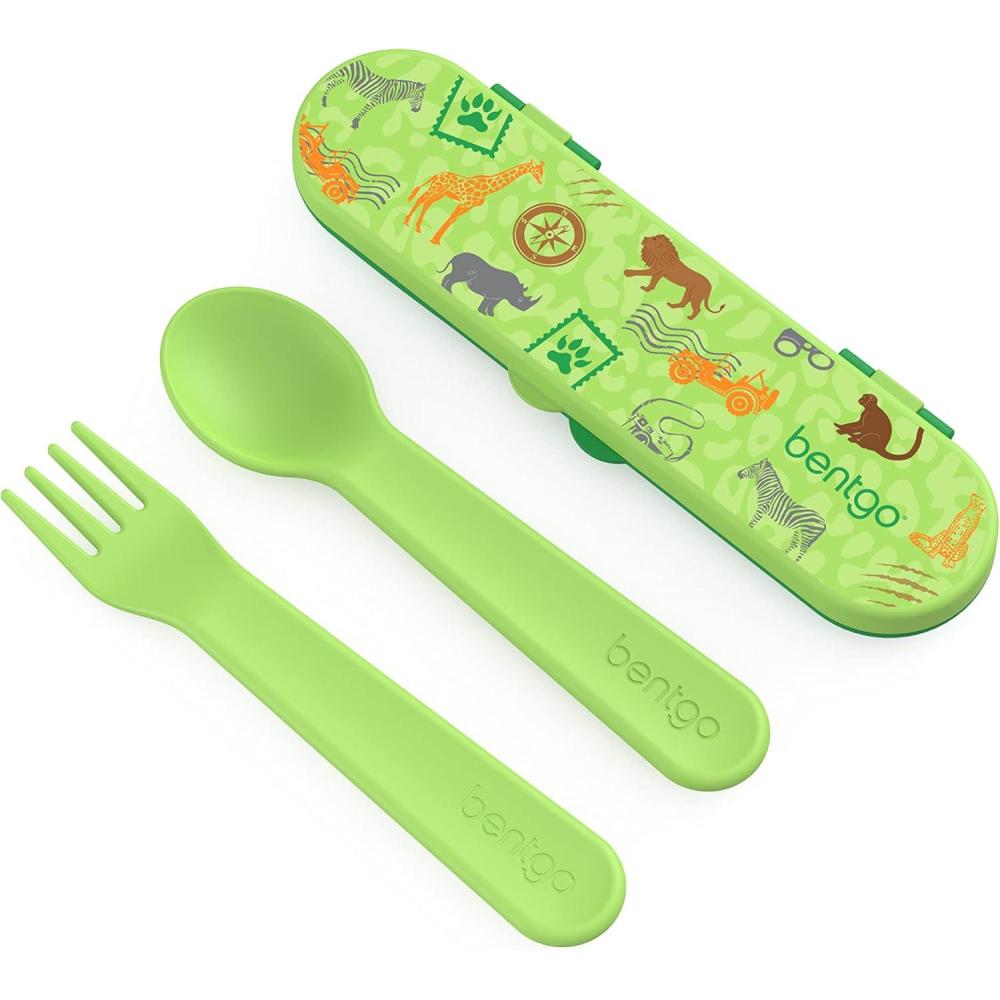 imageBentgo Kids Utensil Set Reusable Plastic Fork Spoon amp Storage Case BPAFree Materials EasyGrip Handles Dishwasher Safe Ideal for School Lunch Travel amp Outdoors SafariSafari