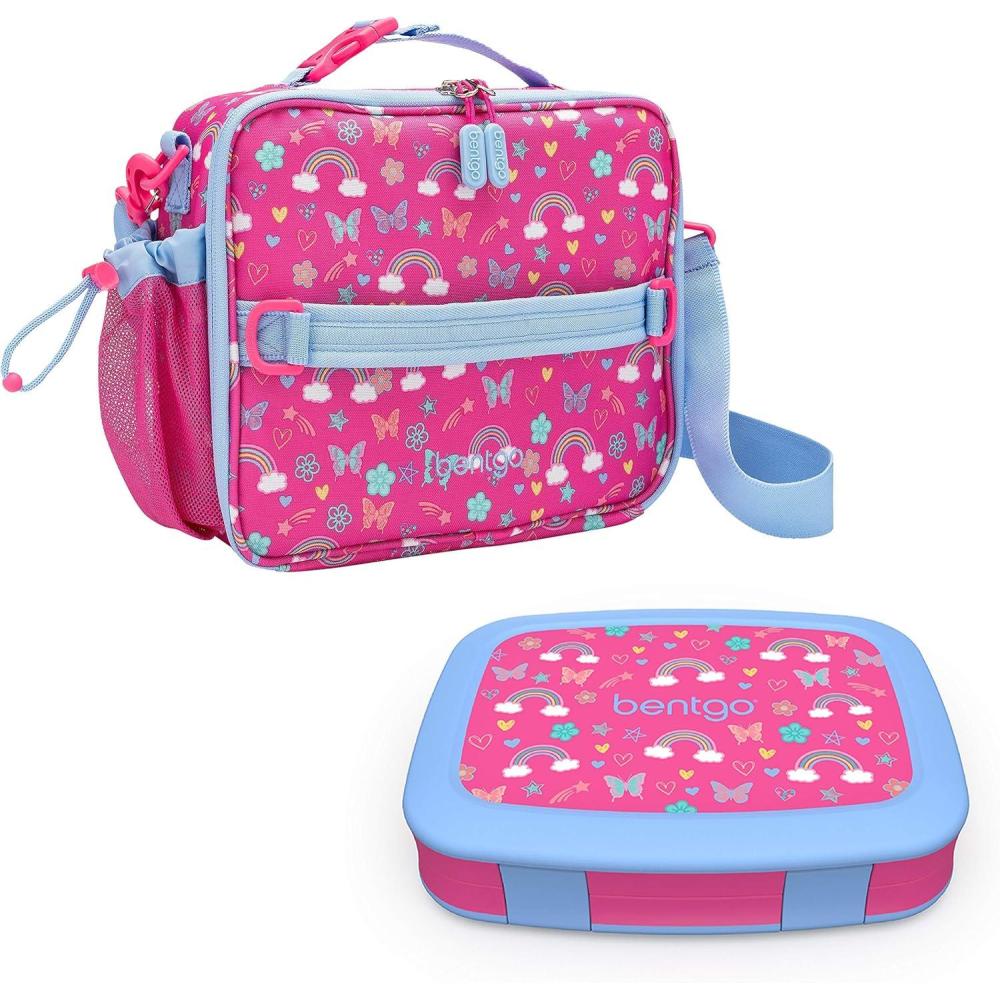 imageBentgo Prints Insulated Lunch Bag Set With Kids BentoStyle Lunch Box Rainbows and Butterflies