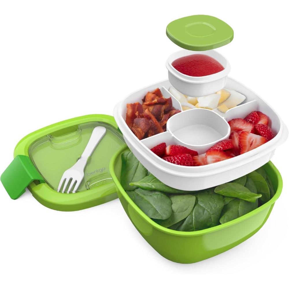 imageBentgo Salad Container 54 oz Bowl with 4Compartment Toppings Tray LeakProof Dressing Container Reusable Fork BPAFree Lunch Box for Meal Prep amp Food Storage Removable Bento Tray GrayGreen