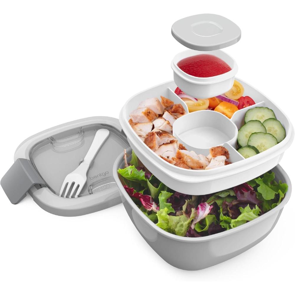 imageBentgo Salad Container 54 oz Bowl with 4Compartment Toppings Tray LeakProof Dressing Container Reusable Fork BPAFree Lunch Box for Meal Prep amp Food Storage Removable Bento Tray GrayGray
