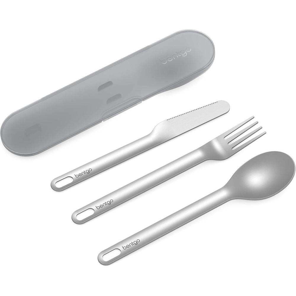 imageBentgo Stainless Travel Utensil Set Reusable 3Piece Silverware Set with Carrying Case HighGrade Premium Steel BPAFree Case EcoFriendly Ideal for Travel Camping and Office Use AquaGray