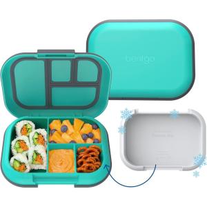 Bentgo Chill Kids Leak-Proof Lunch Box – 4-Compartment Bento Box with Built-In Ice Pack, 3.3 Cup Capacity, PFAS & BPA-Free, Microwave & Dishwasher Safe, Ideal Size for Ages 3 to 7 (Aqua)(Electric Aqua)